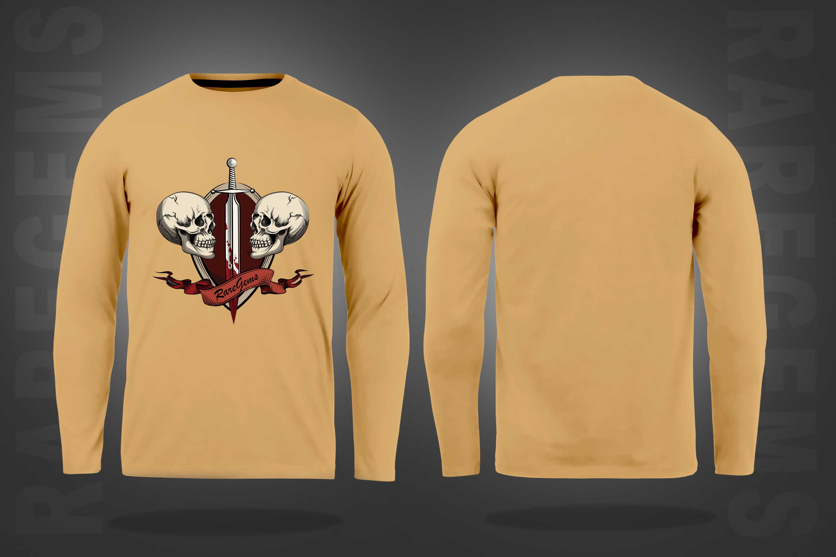 Beige Round Neck Two Skulls With Sword Printed Full Sleeves T-Shirt