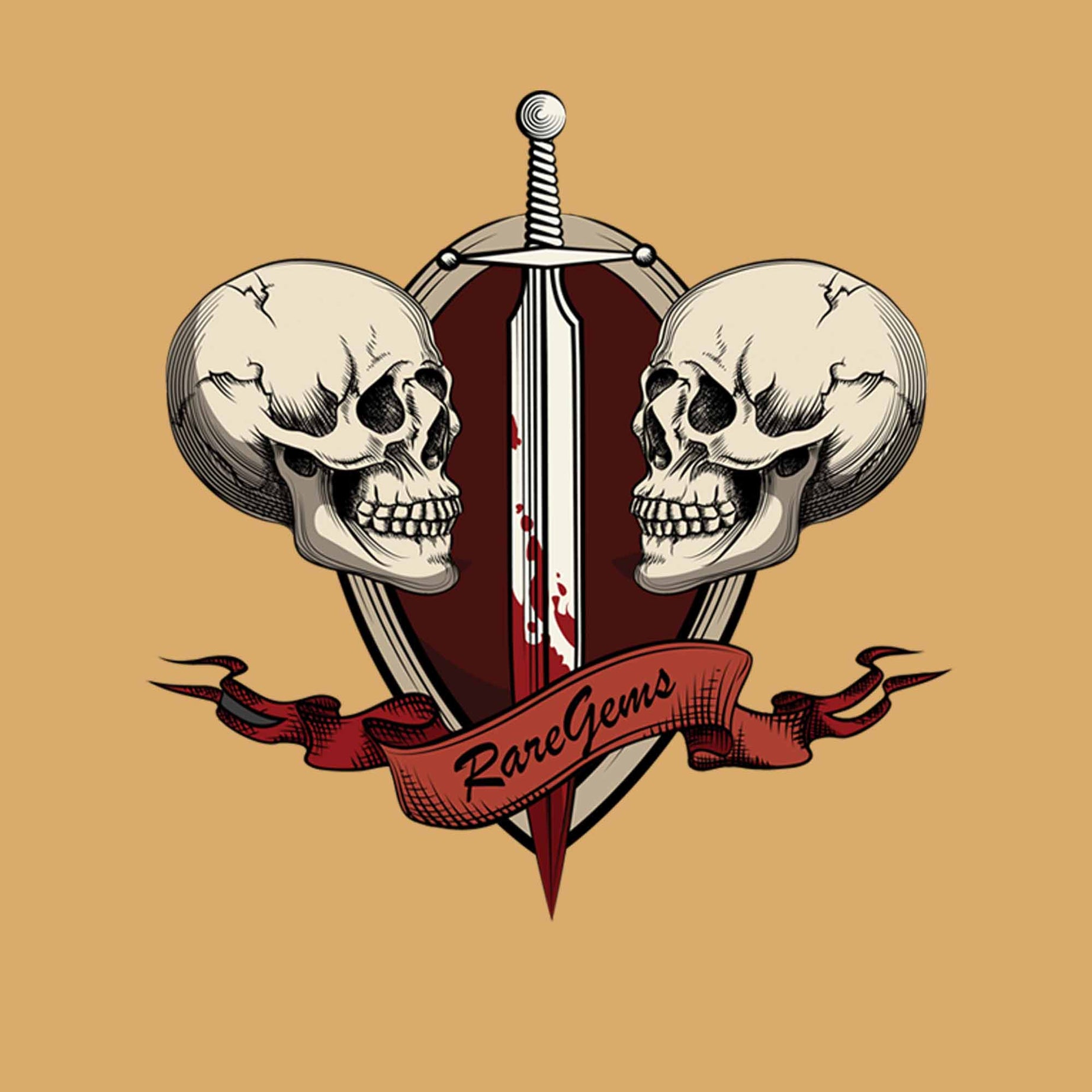 Beige Round Neck Two Skulls With Sword Printed Full Sleeves T-Shirt