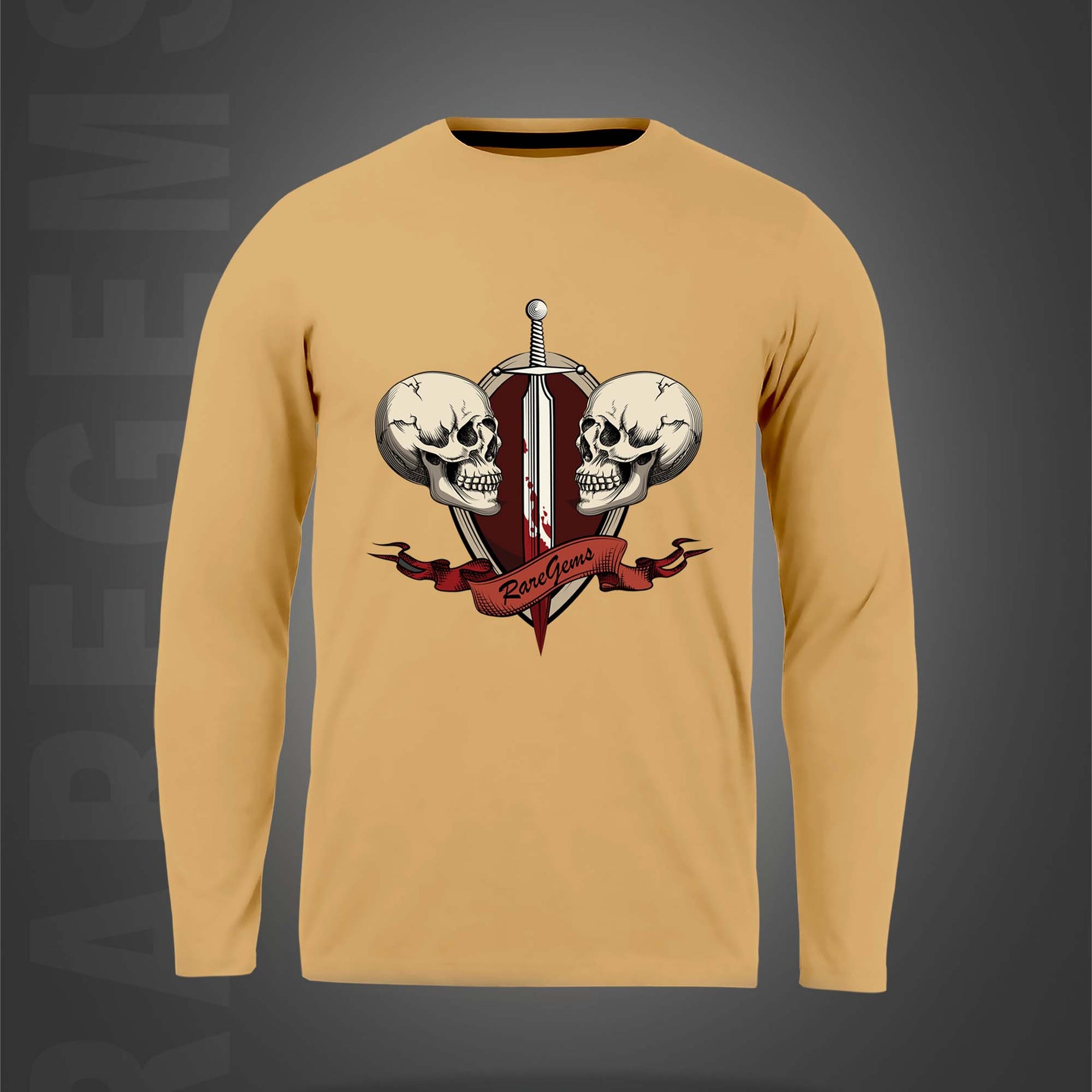 Beige Round Neck Two Skulls With Sword Printed Full Sleeves T-Shirt