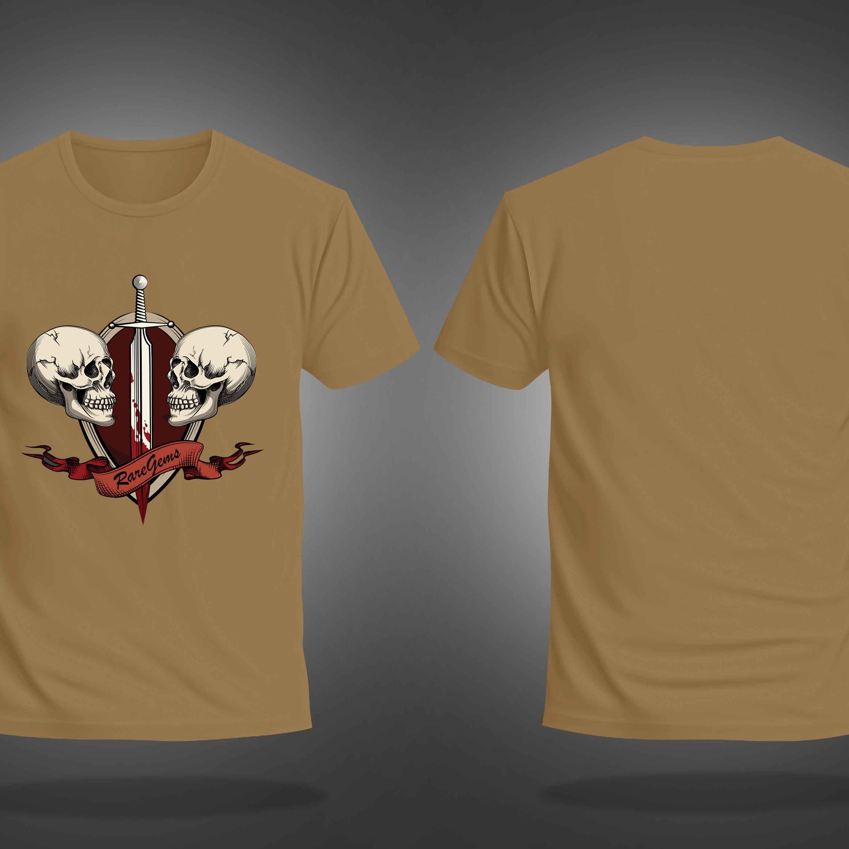 Beige Half Sleeve Round Neck Two Skulls With Sword Printed Regular T-Shirt