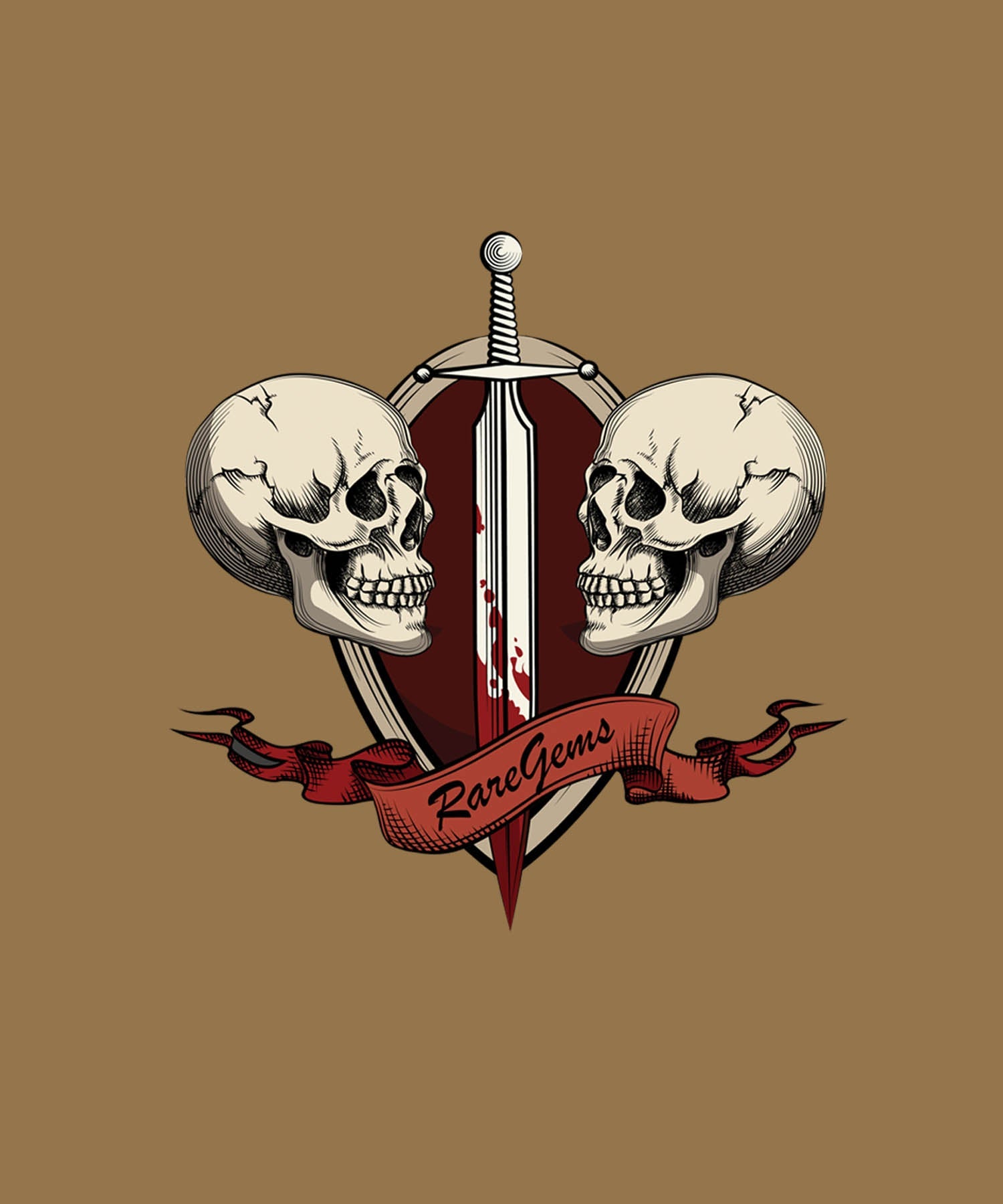 Beige Half Sleeve Round Neck Two Skulls With Sword Printed Regular T-Shirt