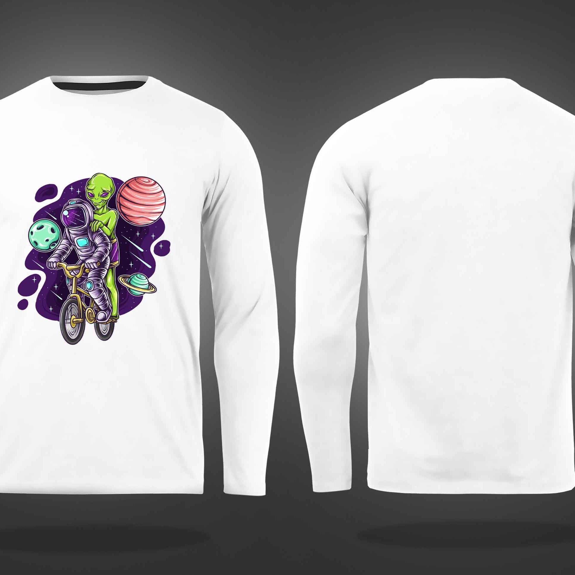 White Round Neck Astronaut And Alien On The Bicycle Printed Full Sleeves T-Shirt