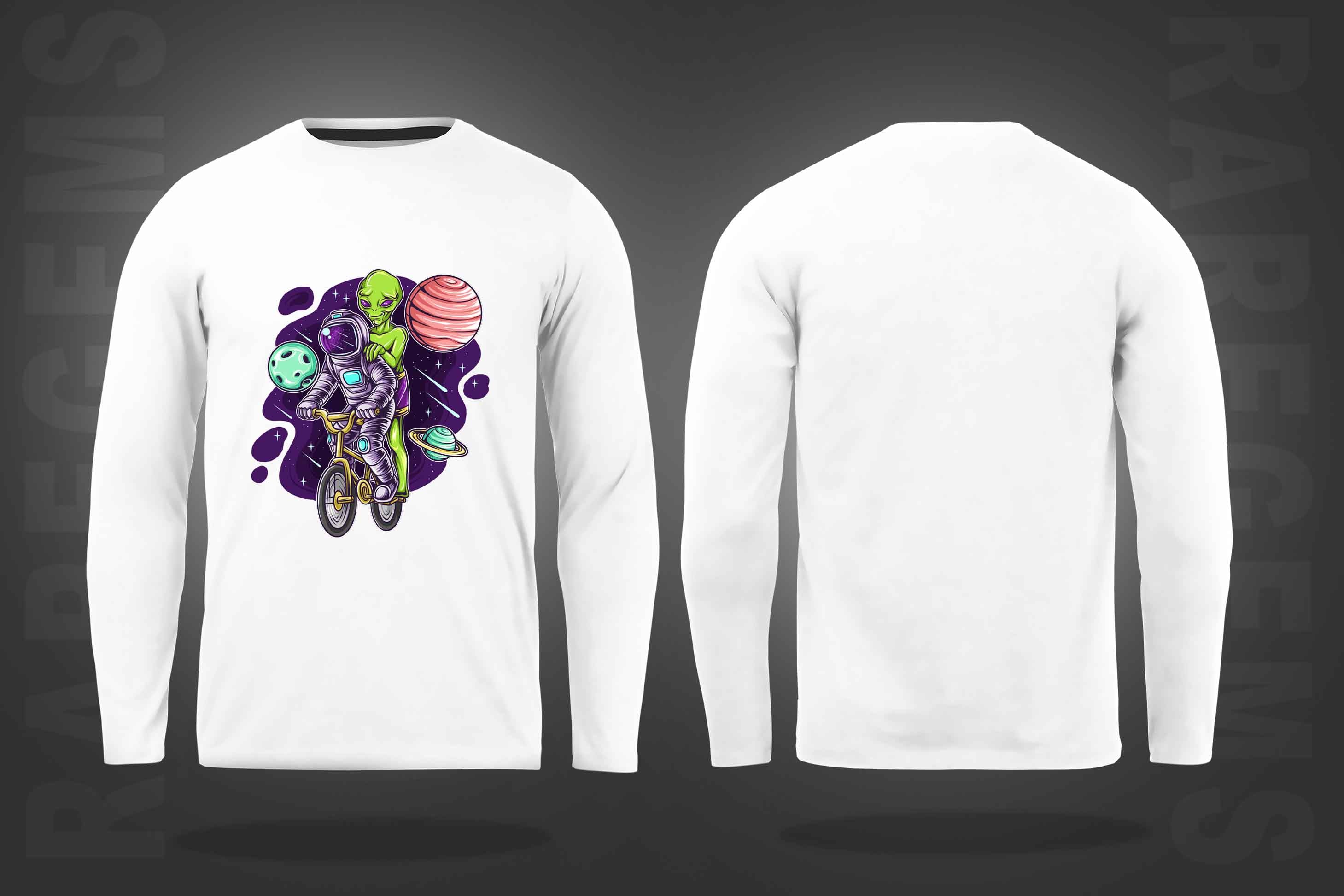 White Round Neck Astronaut And Alien On The Bicycle Printed Full Sleeves T-Shirt