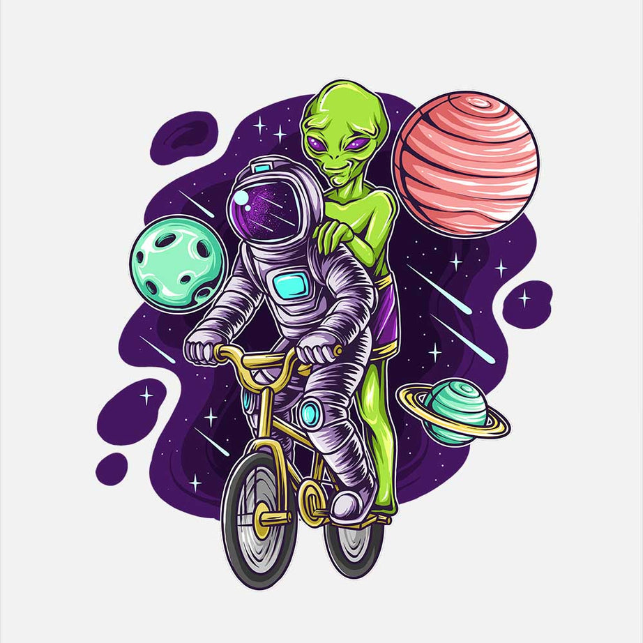 White Round Neck Astronaut And Alien On The Bicycle Printed Full Sleeves T-Shirt
