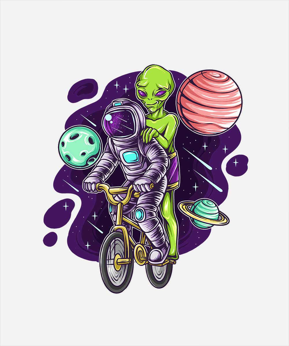 White Round Neck Astronaut And Alien On The Bicycle Printed Full Sleeves T-Shirt