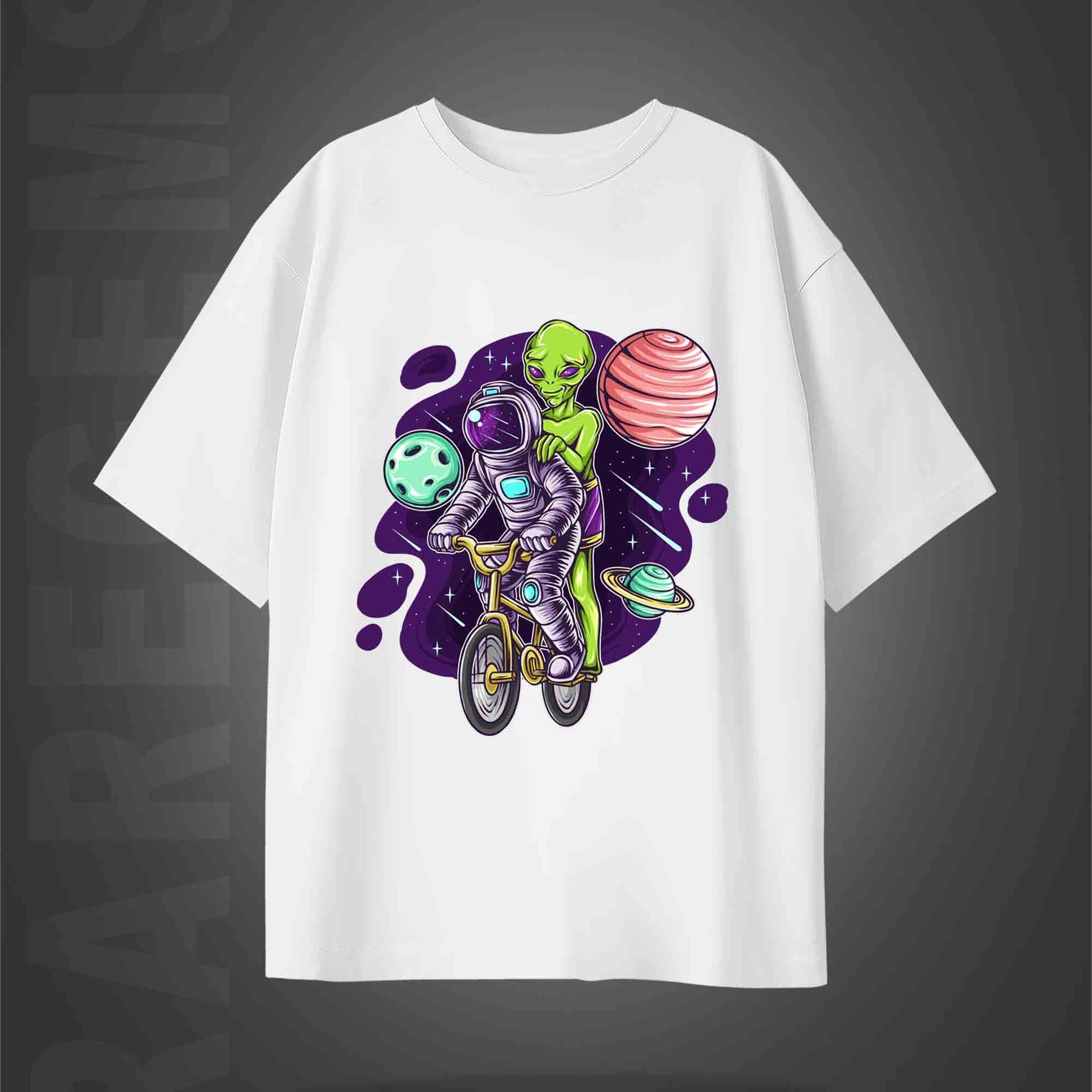 White Half Sleeves Round Neck Astronaut And Alien On The Bicycle Printed Oversized T-Shirt