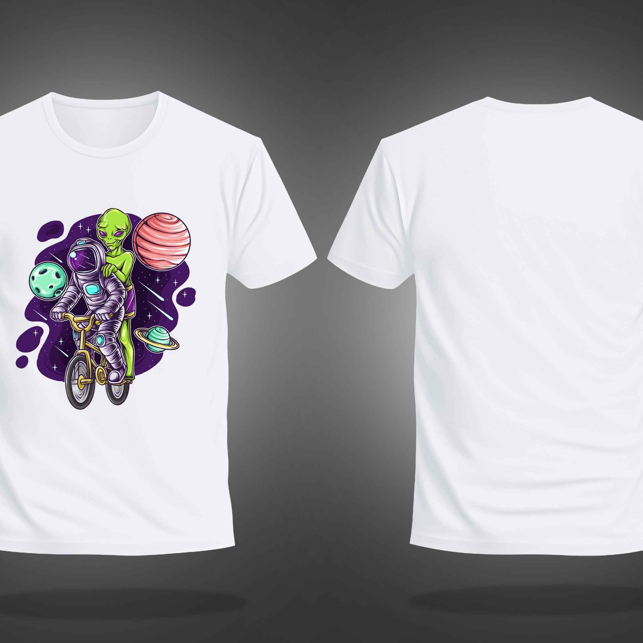 White Round Neck Half Sleeve Astronaut And Alien On The Bicycle Printed Regular T-Shirt