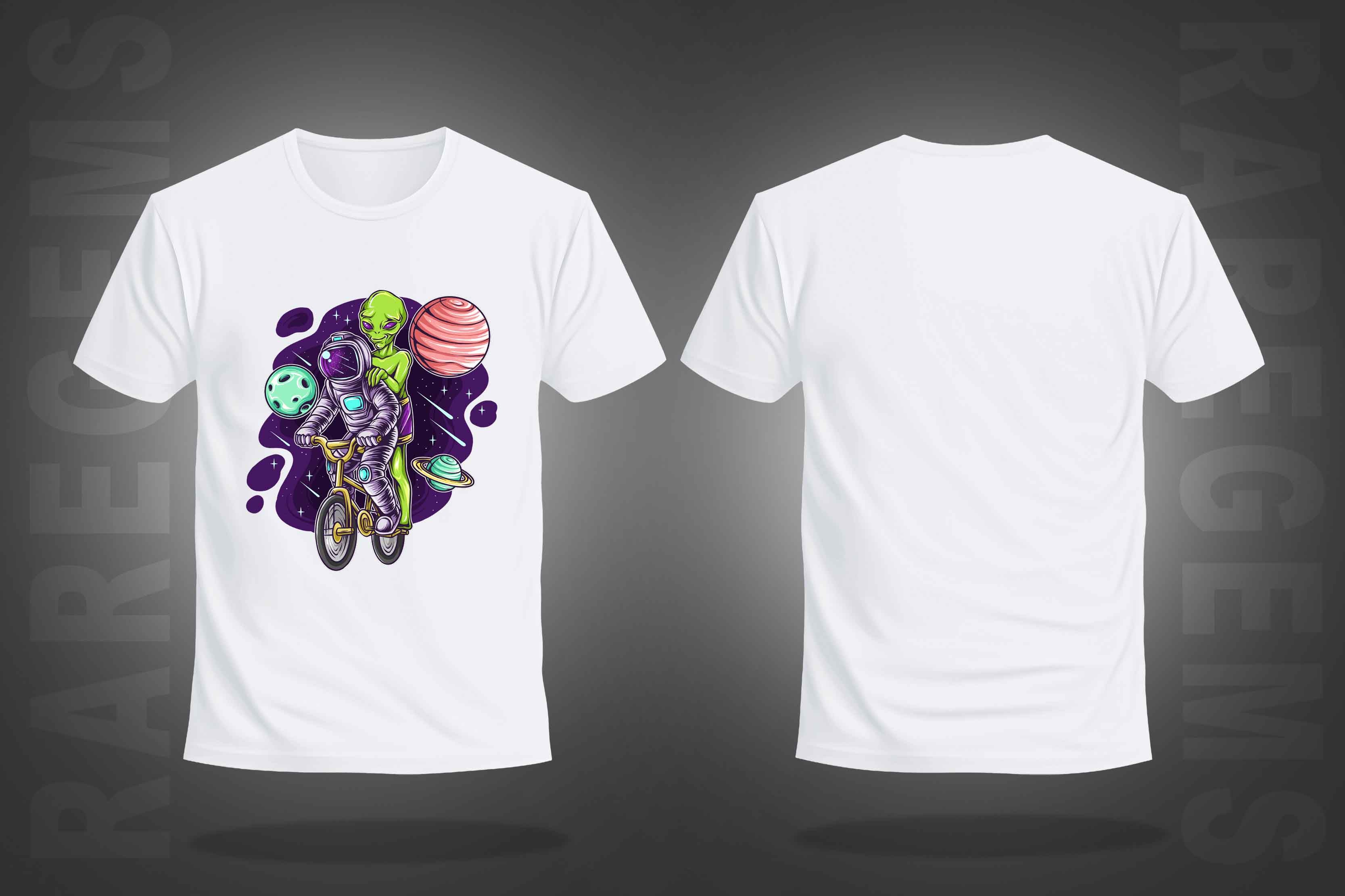 White Round Neck Half Sleeve Astronaut And Alien On The Bicycle Printed Regular T-Shirt