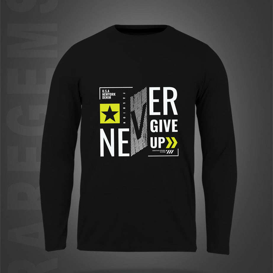 Black Round Neck Never Give Up Printed Full Sleeves T-Shirt