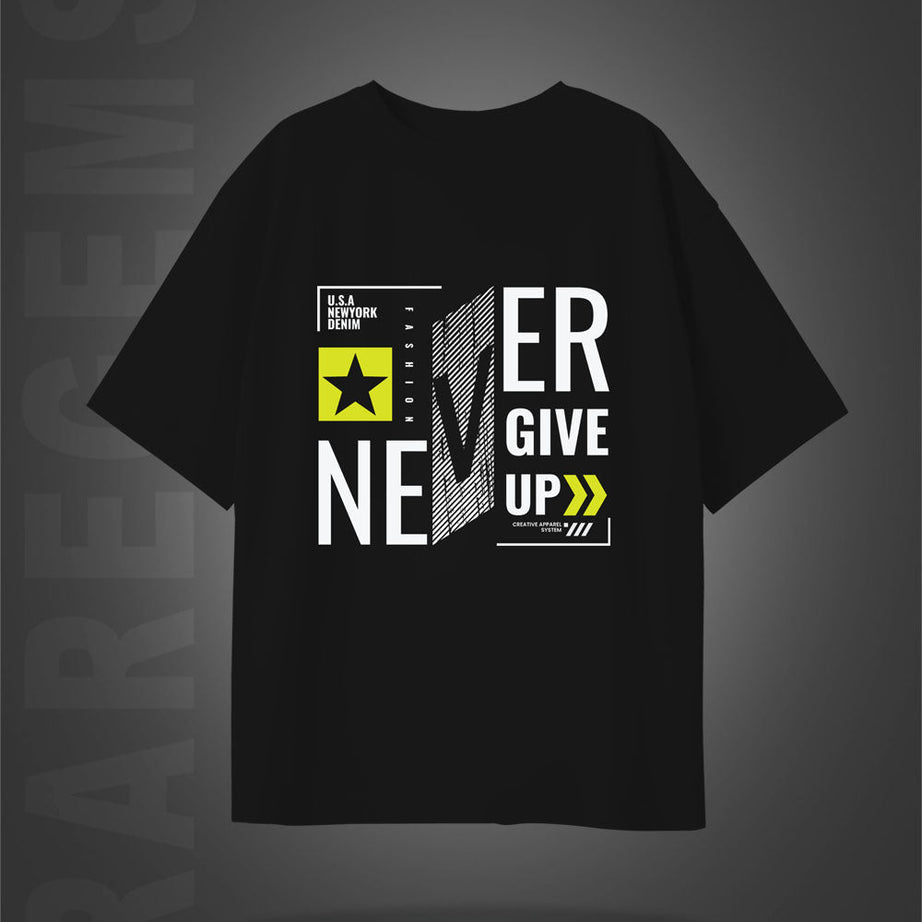 Black Half Sleeves Round Neck Never Give Up Printed Oversized T-Shirt