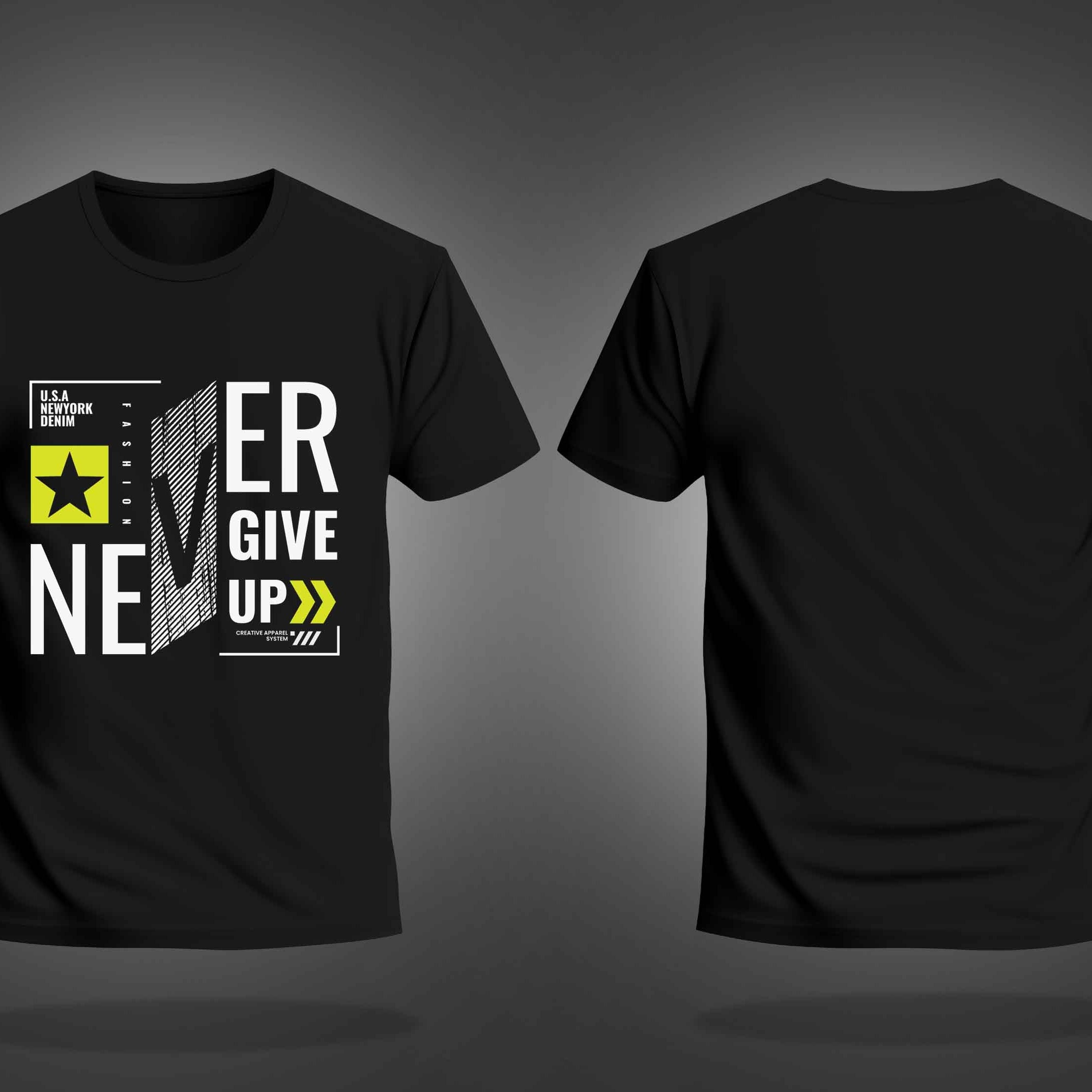 Black Half Sleeves Round Neck Never Give Up Printed Regular T-Shirt