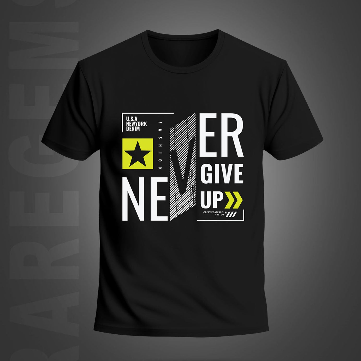 Black Half Sleeves Round Neck Never Give Up Printed Regular T-Shirt