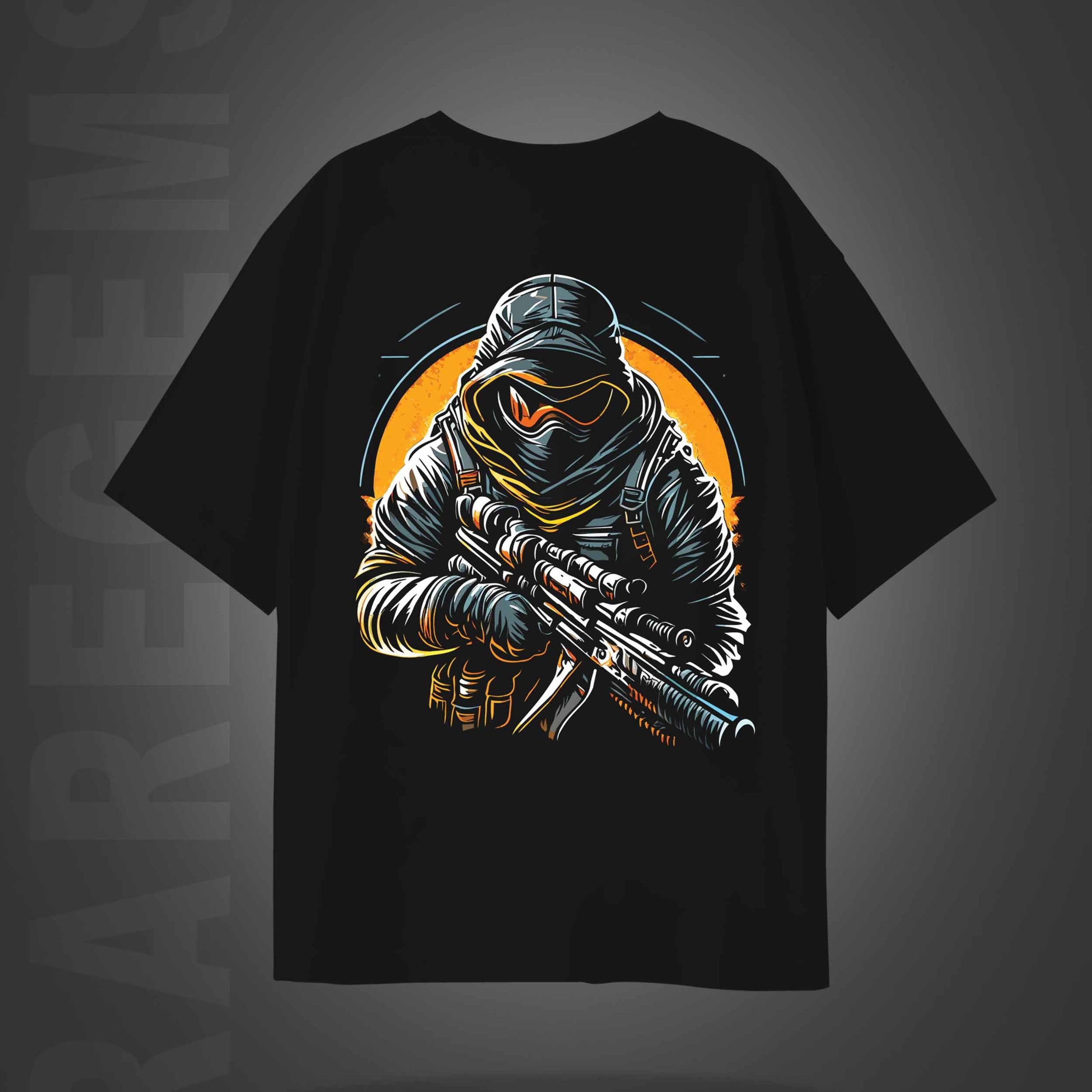 Black Round Neck Half Sleeve Commando Printed Oversized T-Shirt