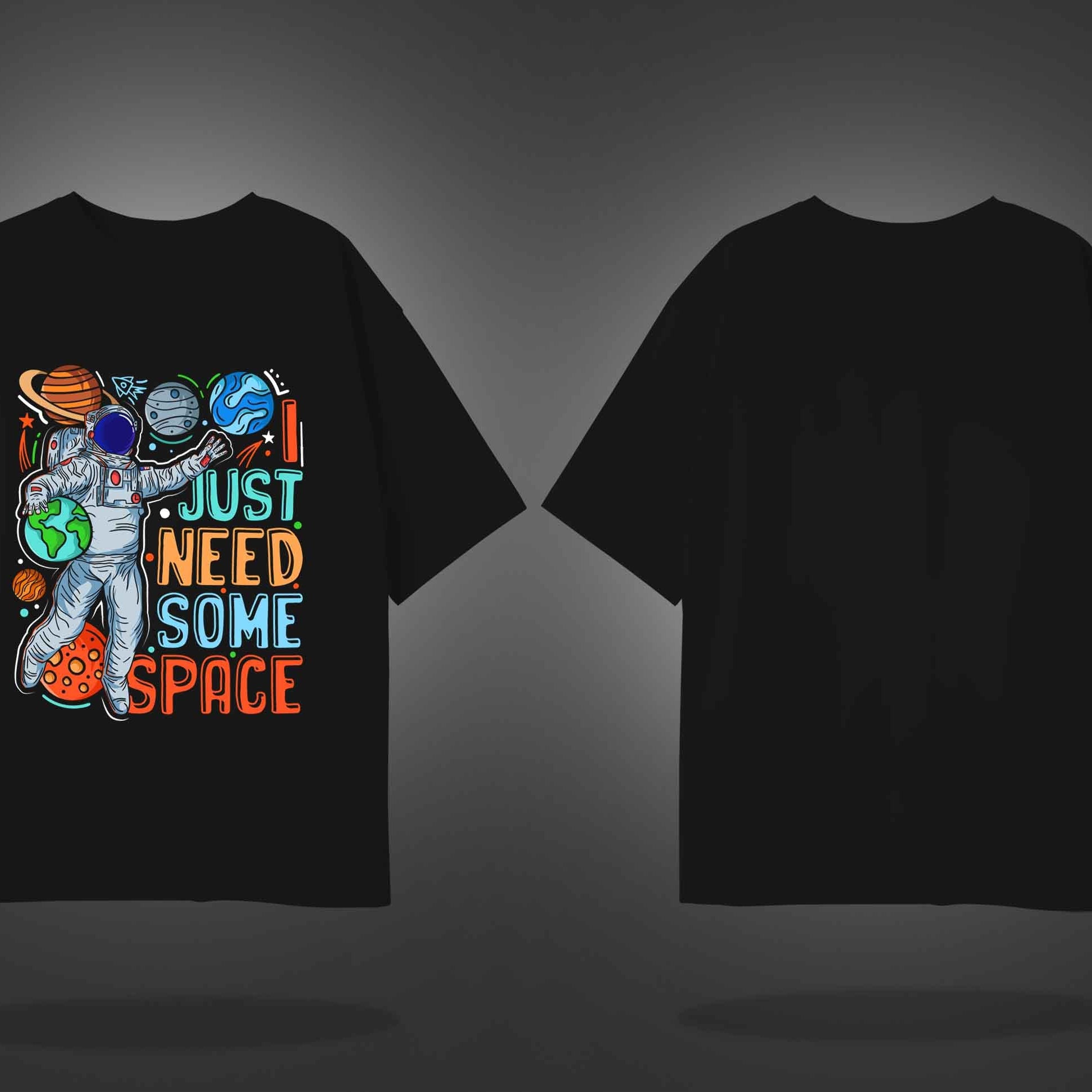 Black Half Sleeves Round Neck Astronaut And I Need Some Space Printed Oversized T-Shirt