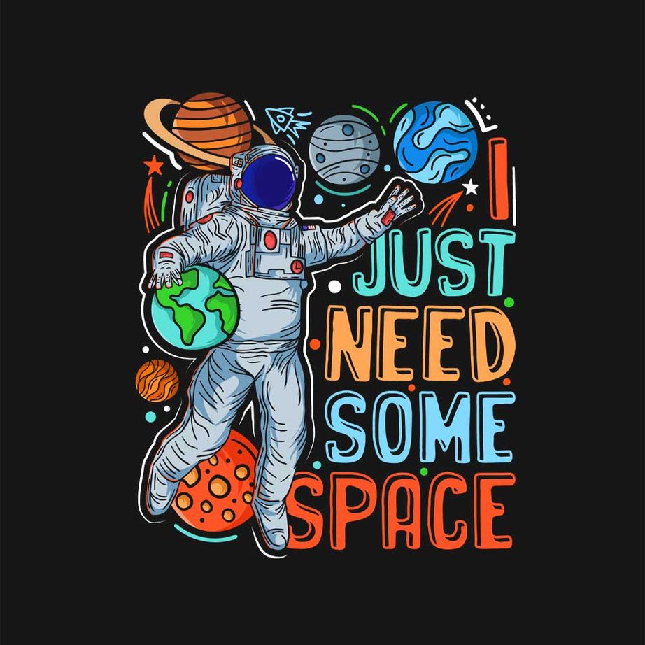 Black Half Sleeves Round Neck Astronaut And I Need Some Space Printed Oversized T-Shirt