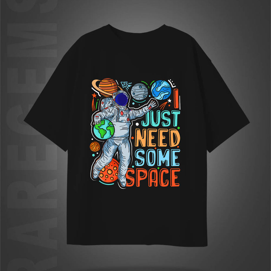 Black Half Sleeves Round Neck Astronaut And I Need Some Space Printed Oversized T-Shirt