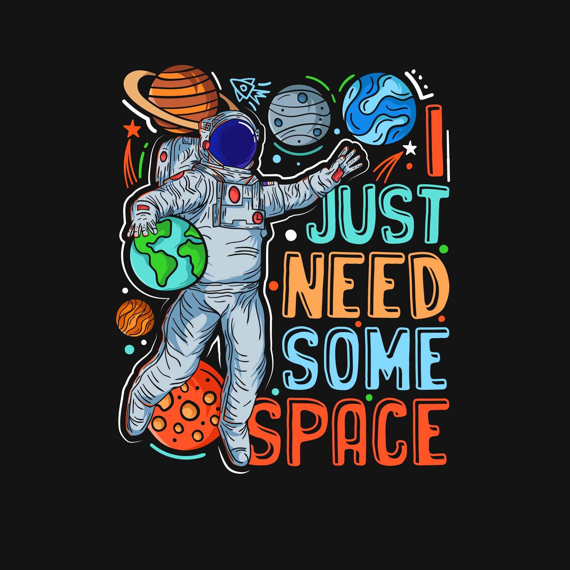 Black Half Sleeve Round Neck Astronaut And I Just Need Some Space Printed Regular T-Shirt