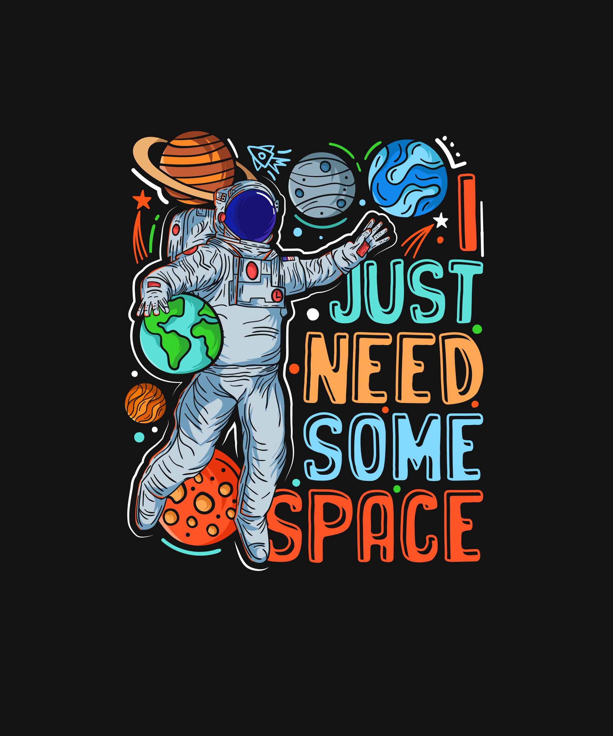 Black Half Sleeve Round Neck Astronaut And I Just Need Some Space Printed Regular T-Shirt