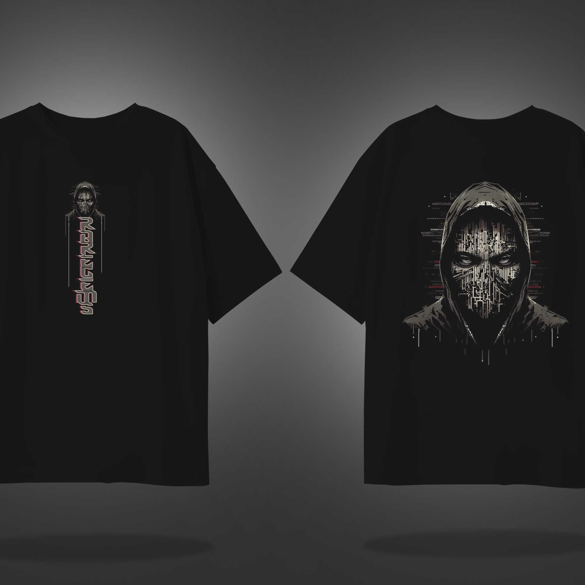 Black Half Sleeves Round Neck Hacker Man Printed Oversized T-Shirt