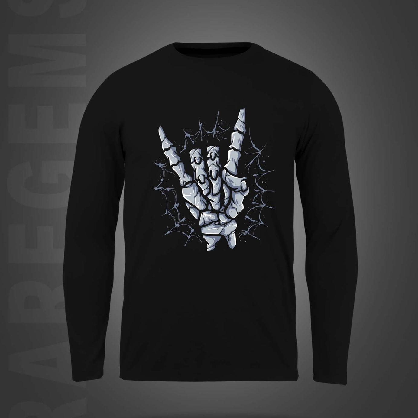 Black Round Neck Skeleton Hand Printed Full Sleeves T-Shirt