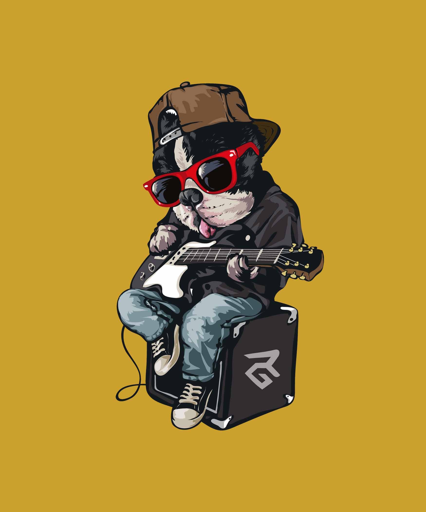 Yellow Round Neck Rockstar Dog Printed Full Sleeves T-Shirt