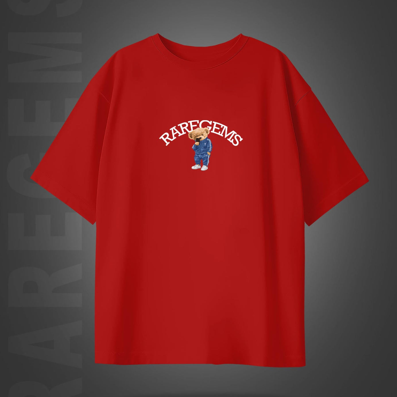 Red Half Sleeve Round Neck Cool Teddy Printed Oversized T-Shirt
