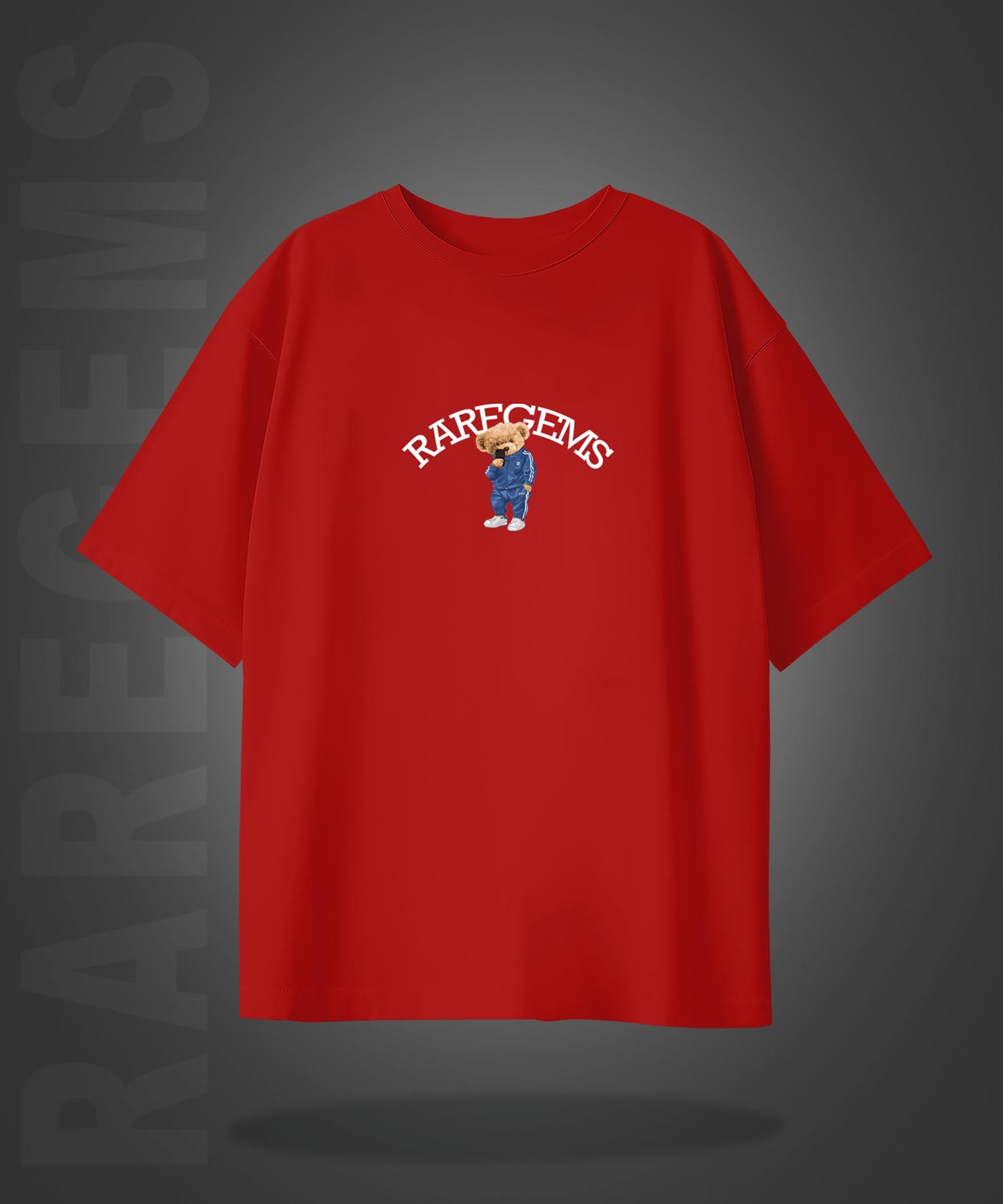 Red Half Sleeve Round Neck Cool Teddy Printed Oversized T-Shirt