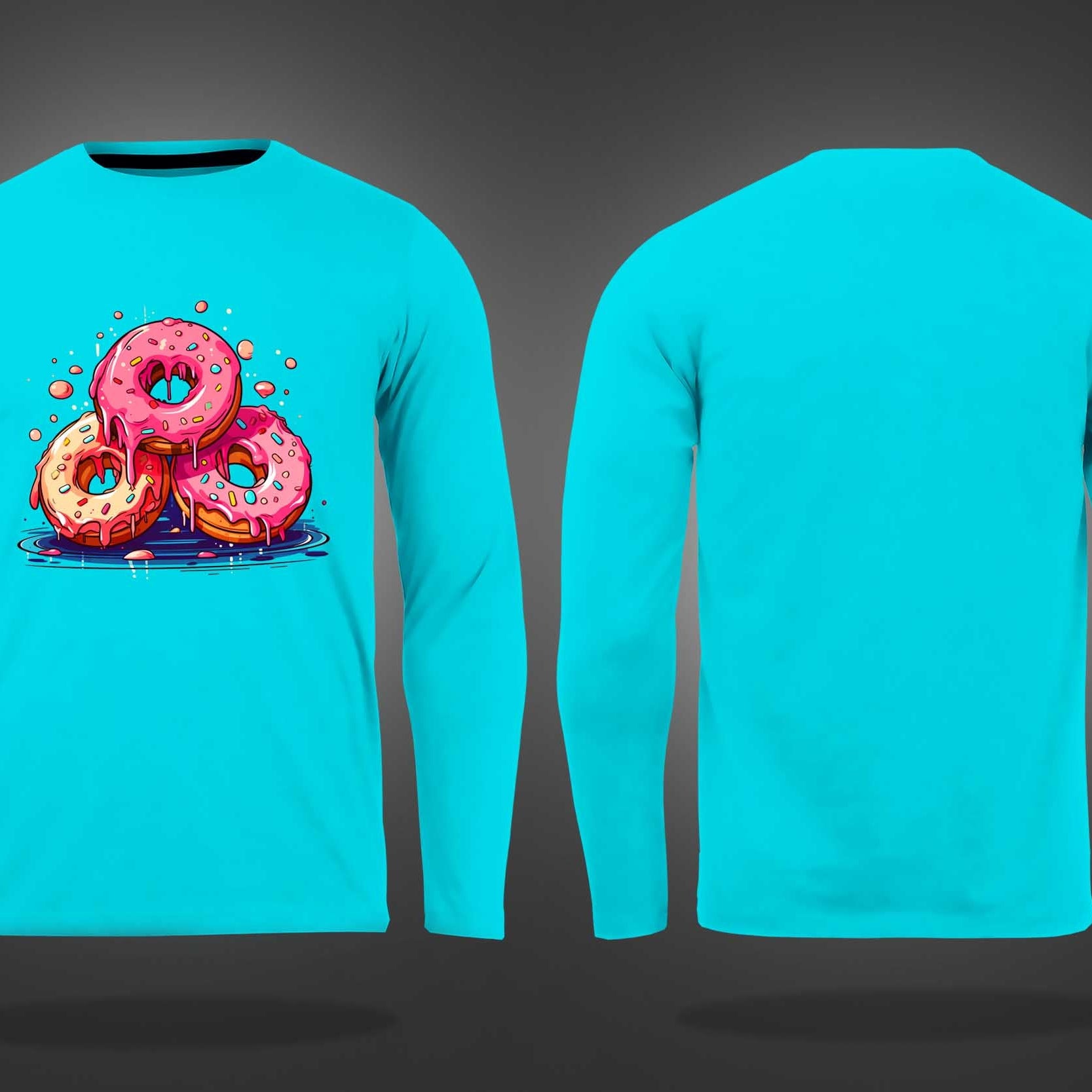 Cyan Round Neck Three Donuts Printed Full Sleeves T-Shirt