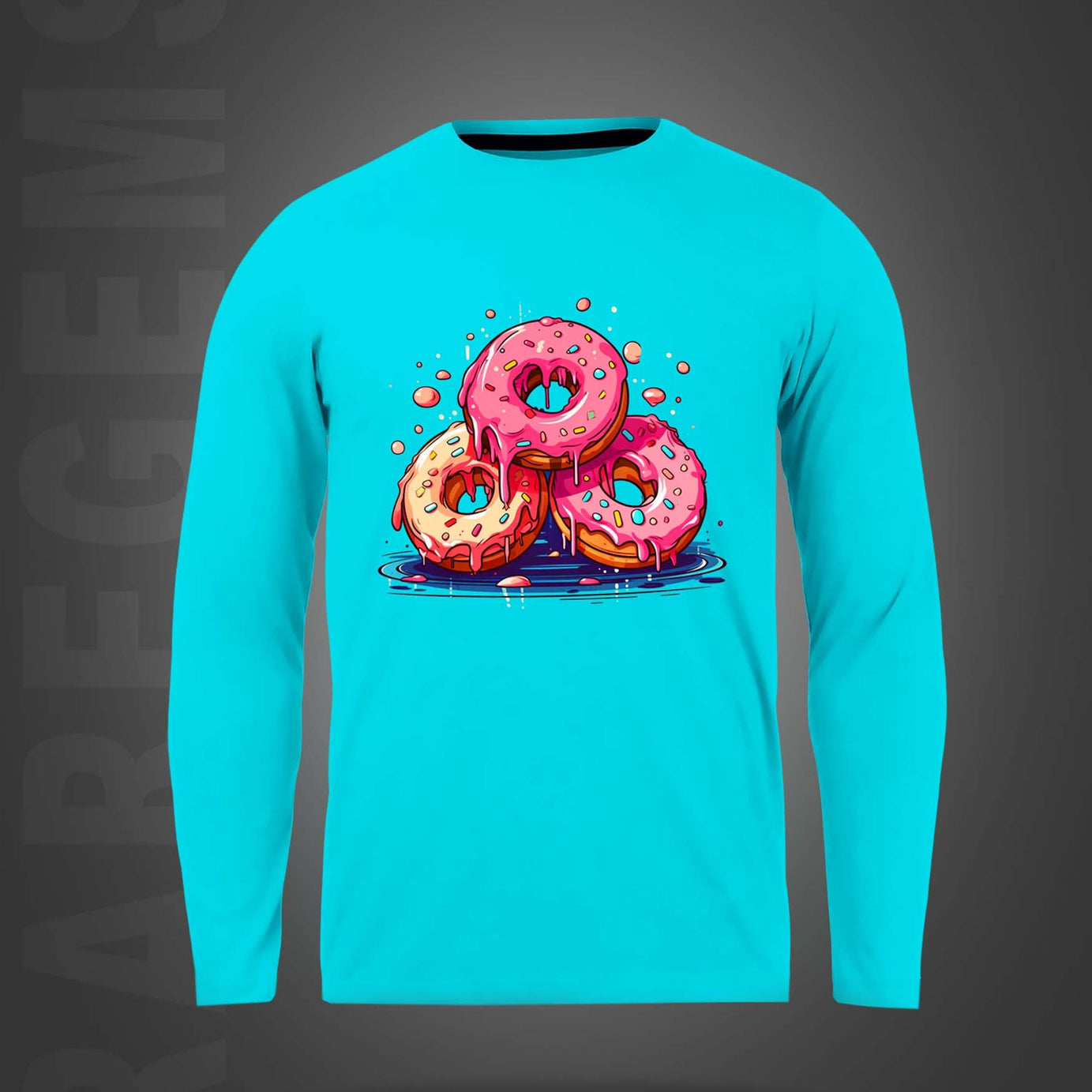 Cyan Round Neck Three Donuts Printed Full Sleeves T-Shirt