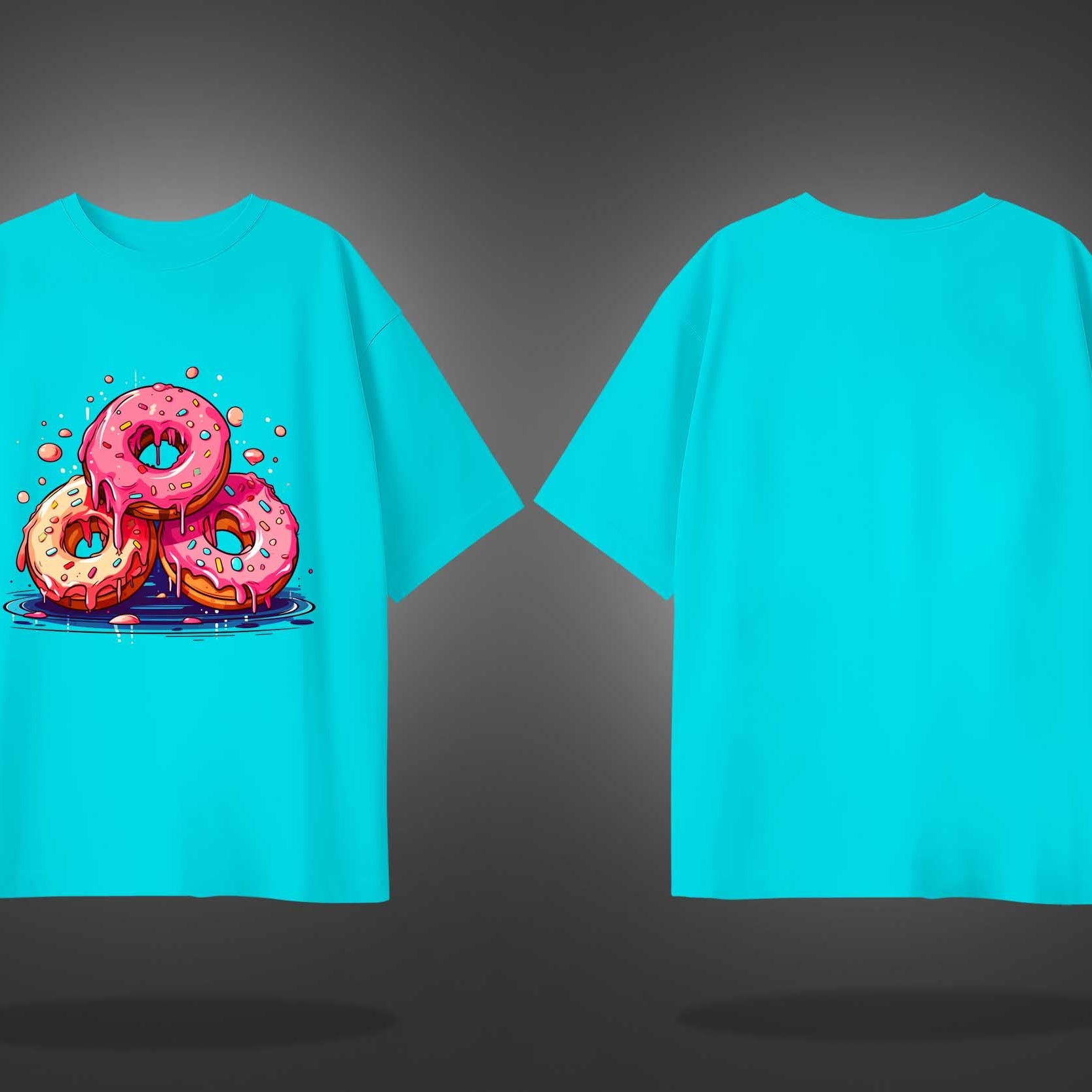 Cyan Half Sleeves Round Neck Three Donuts Printed Oversized T-Shirt