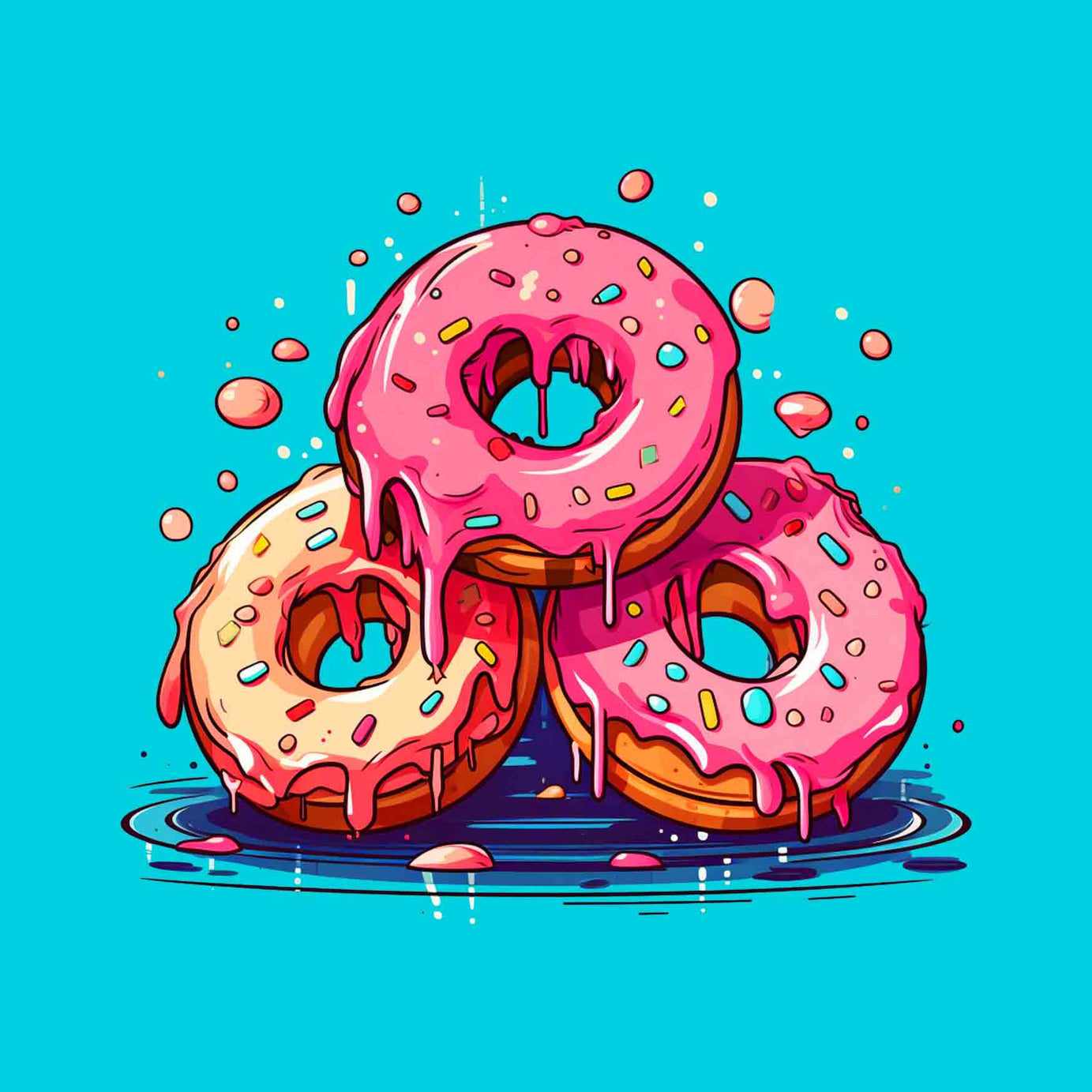 Cyan Half Sleeves Round Neck Three Donuts Printed Oversized T-Shirt