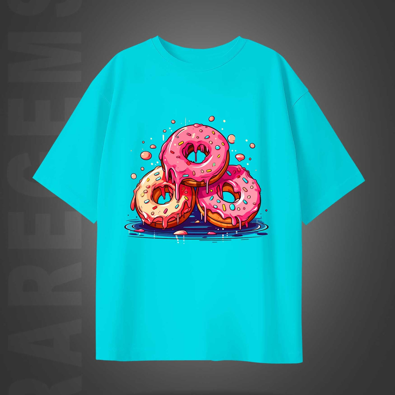 Cyan Half Sleeves Round Neck Three Donuts Printed Oversized T-Shirt