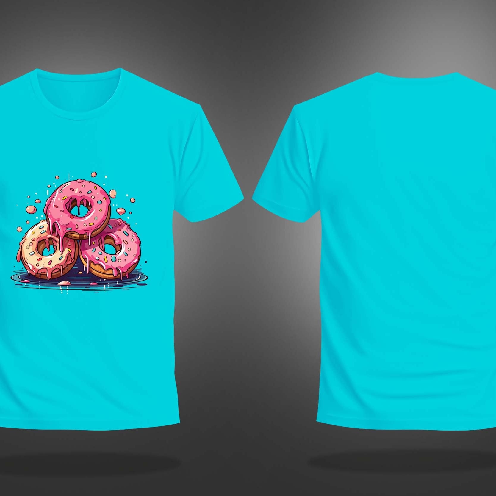 Cyan Round Neck Half Sleeve Three Donuts Printed Regular T-Shirt