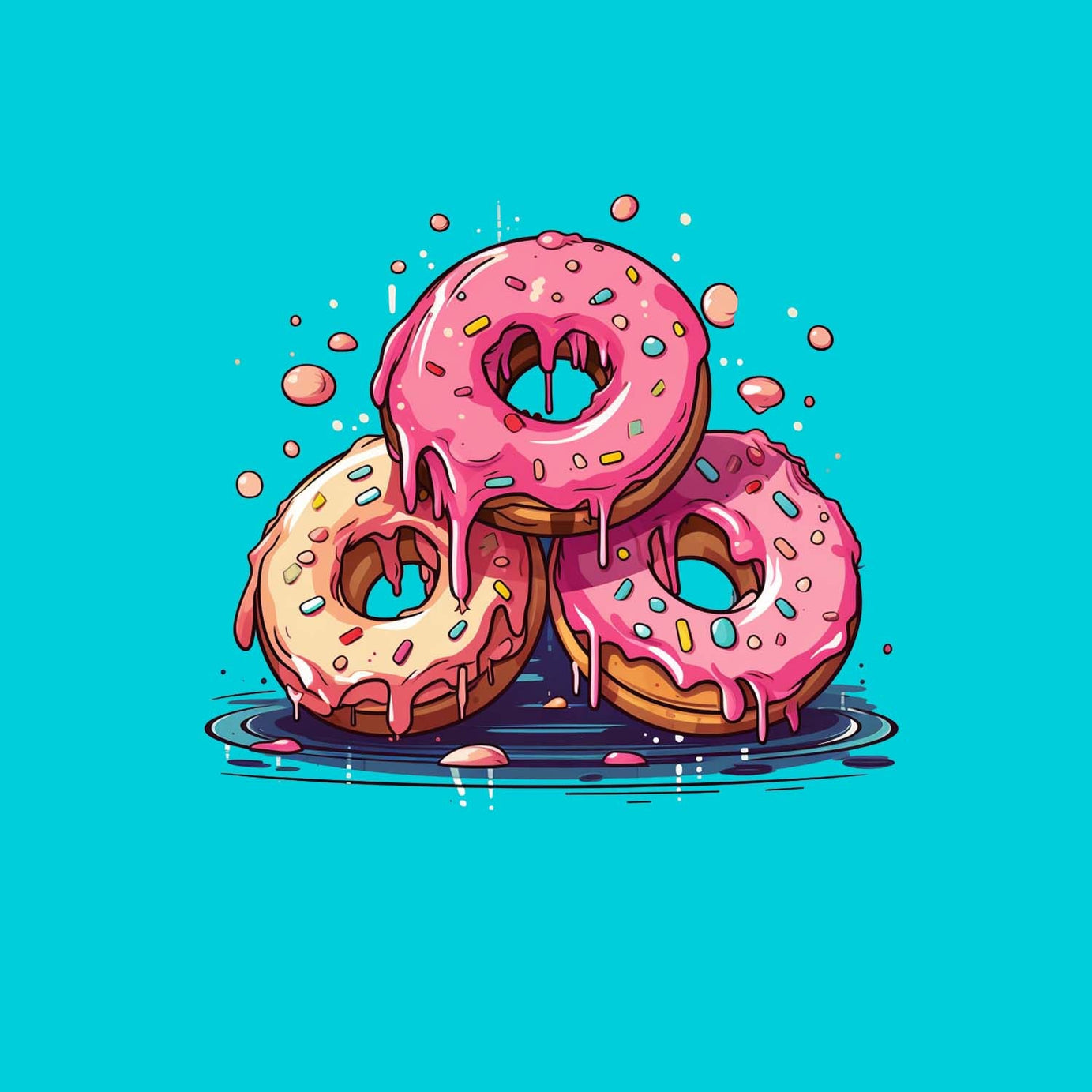 Cyan Round Neck Half Sleeve Three Donuts Printed Regular T-Shirt