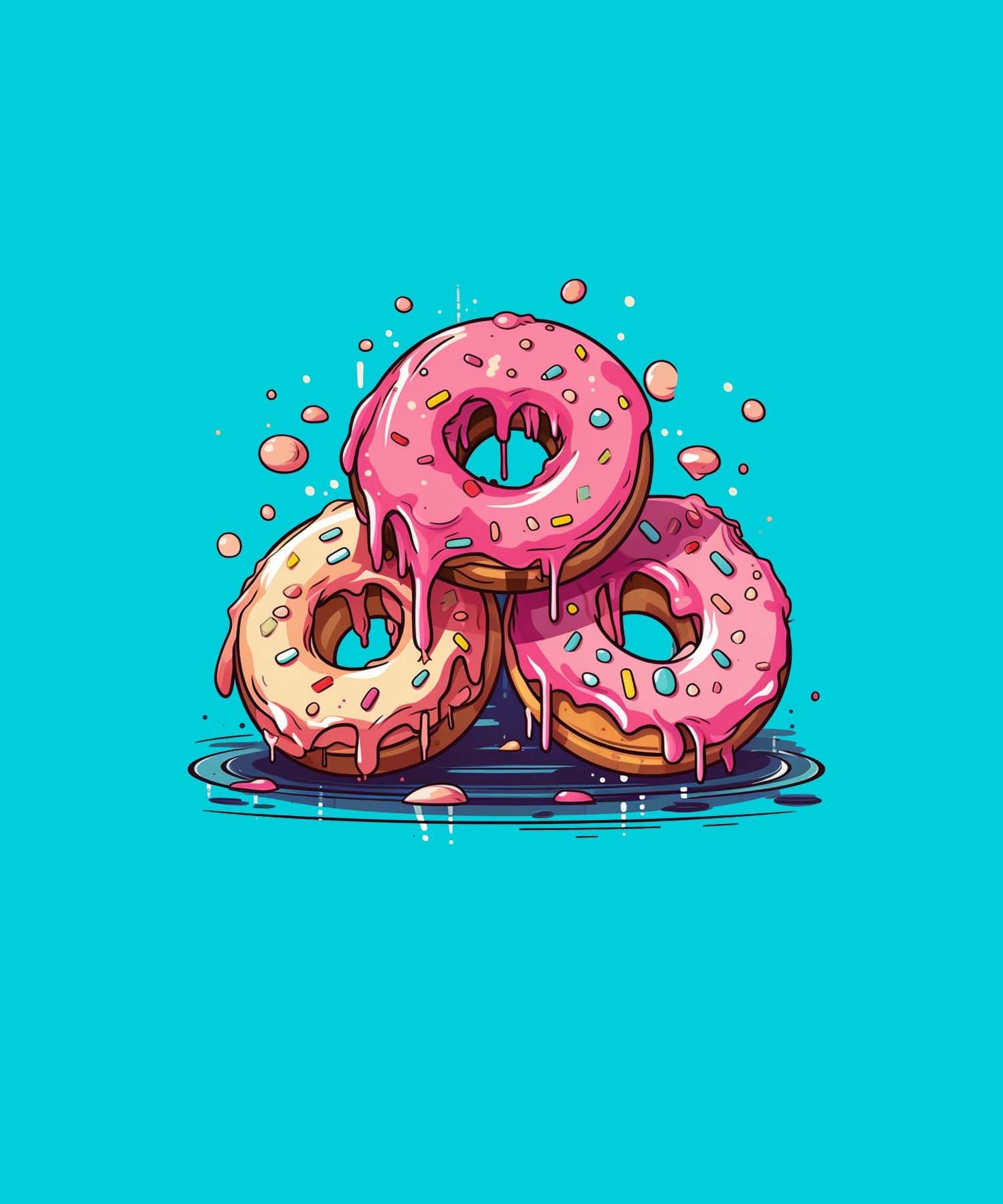 Cyan Round Neck Half Sleeve Three Donuts Printed Regular T-Shirt
