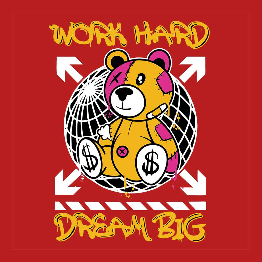 Red Round Neck Work Hard And Dream Big Teddy Printed Full Sleeves T-Shirt