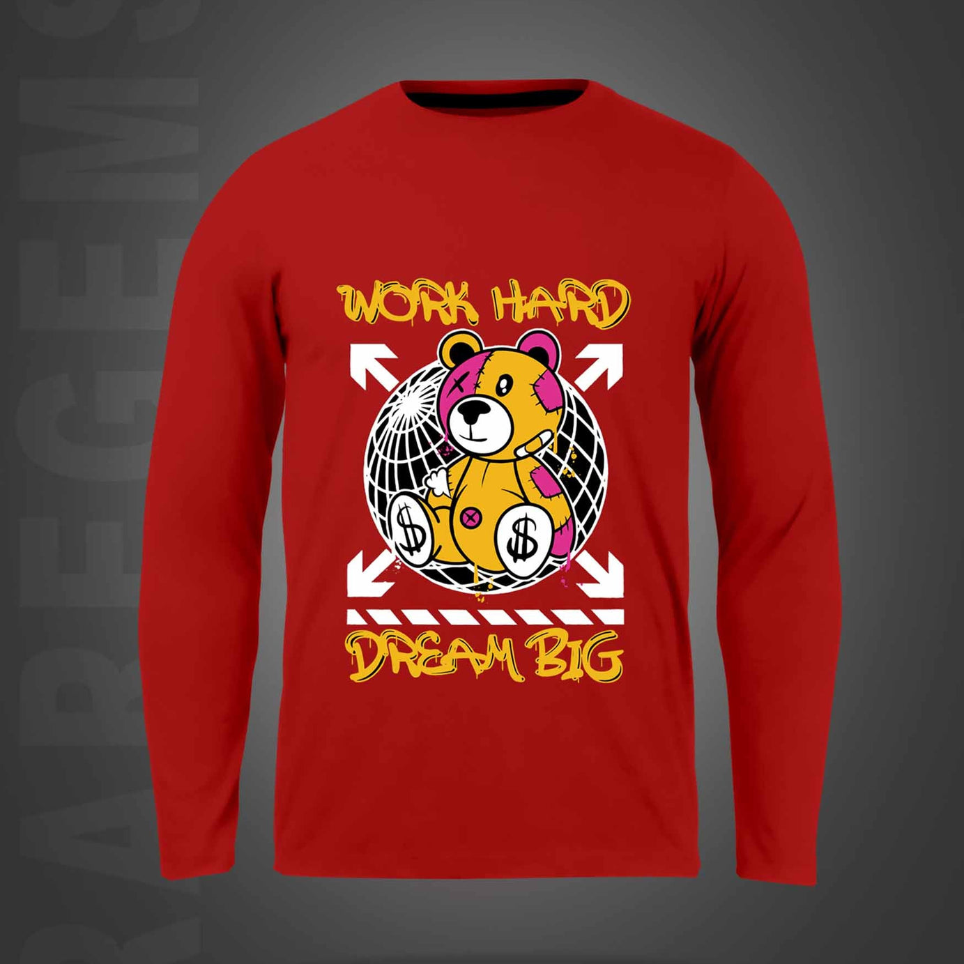 Red Round Neck Work Hard And Dream Big Teddy Printed Full Sleeves T-Shirt