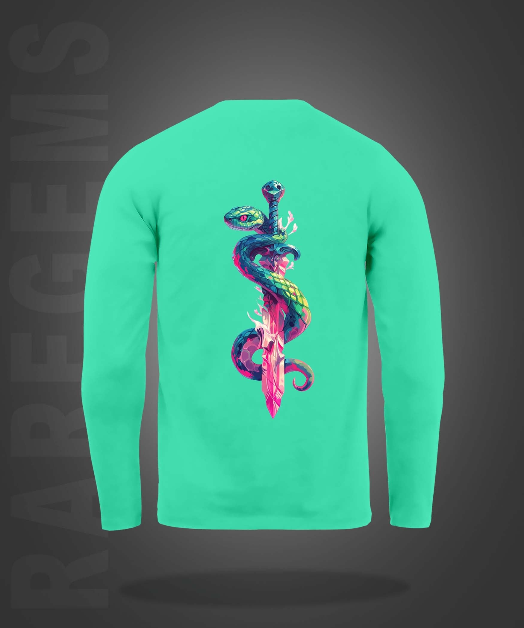 Mint Green Round Neck Snake Around the Sword Printed Full Sleeves T-Shirt