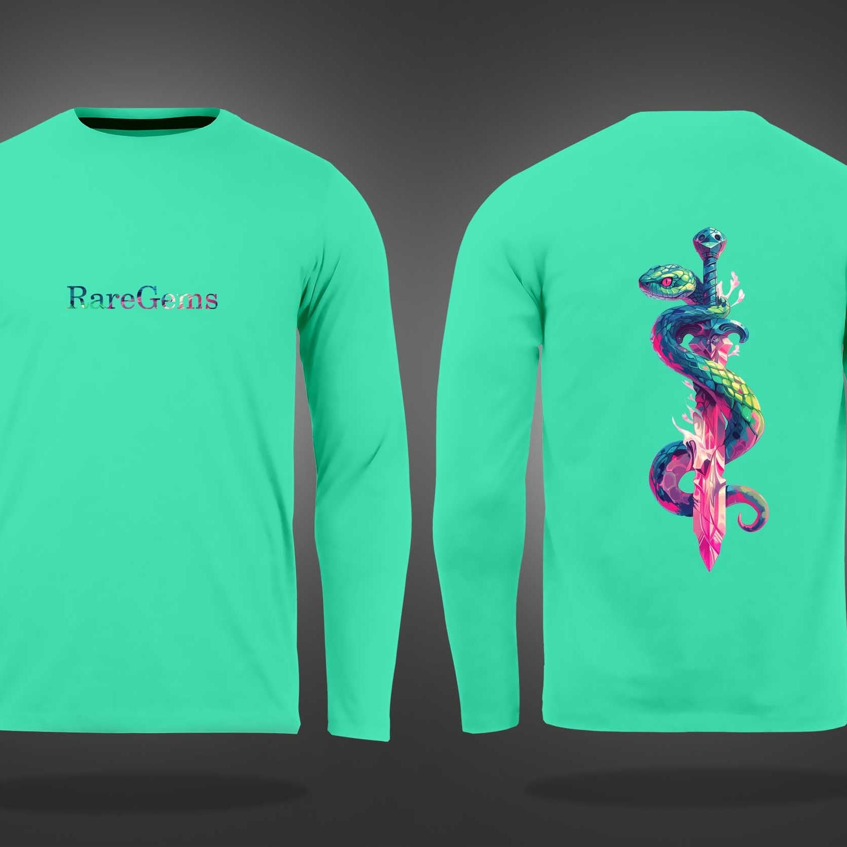 Mint Green Round Neck Snake Around the Sword Printed Full Sleeves T-Shirt