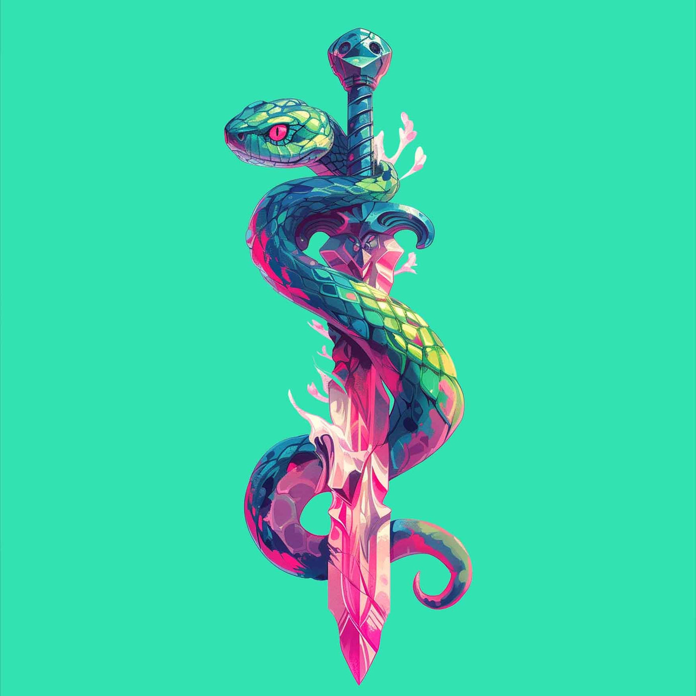 Mint Green Half Sleeves Round Neck Snake Around The Sword Printed Oversized T-Shirt
