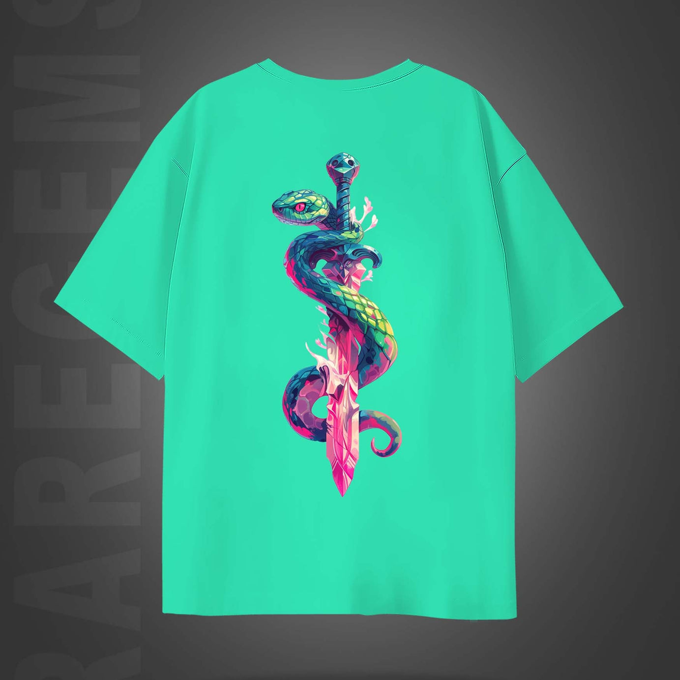 Mint Green Half Sleeves Round Neck Snake Around The Sword Printed Oversized T-Shirt