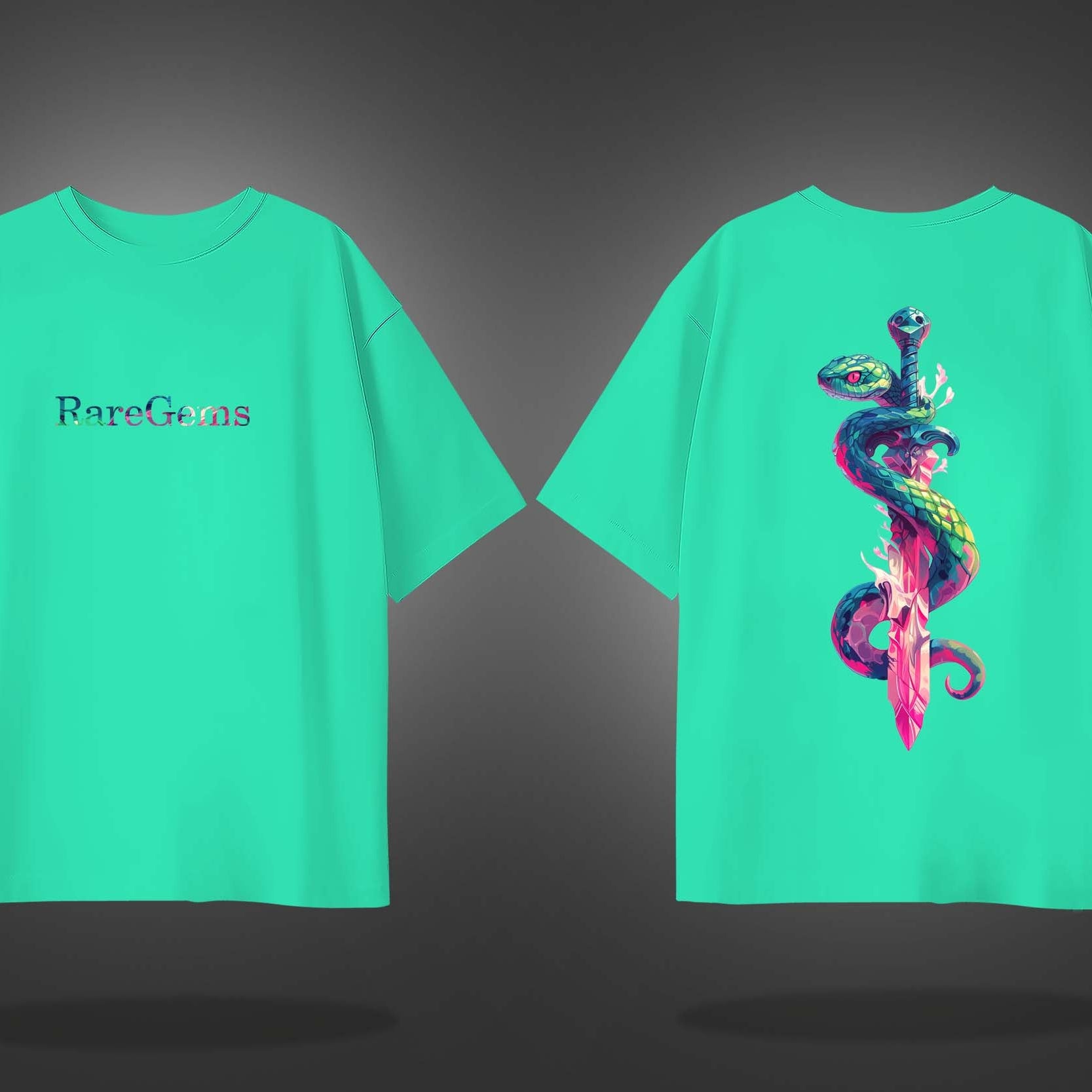 Mint Green Half Sleeves Round Neck Snake Around The Sword Printed Oversized T-Shirt
