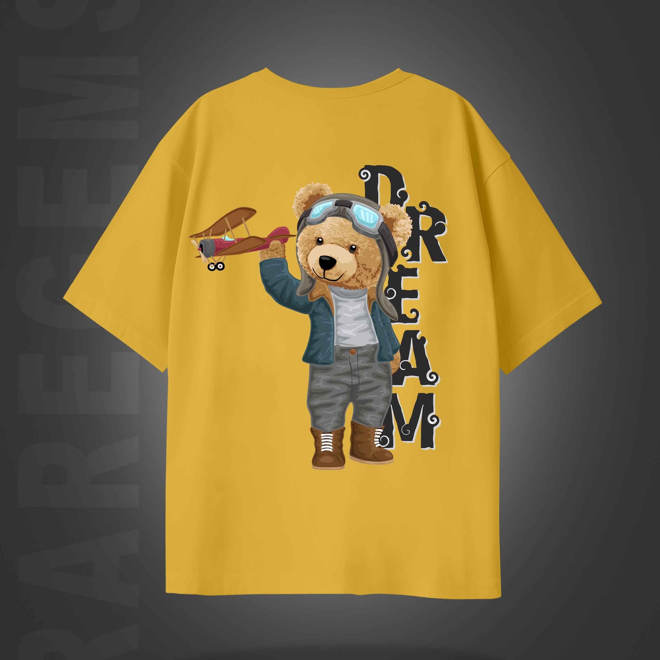 Yellow Half Sleeves Round Neck Teddy With Plane Printed Oversized T-Shirt