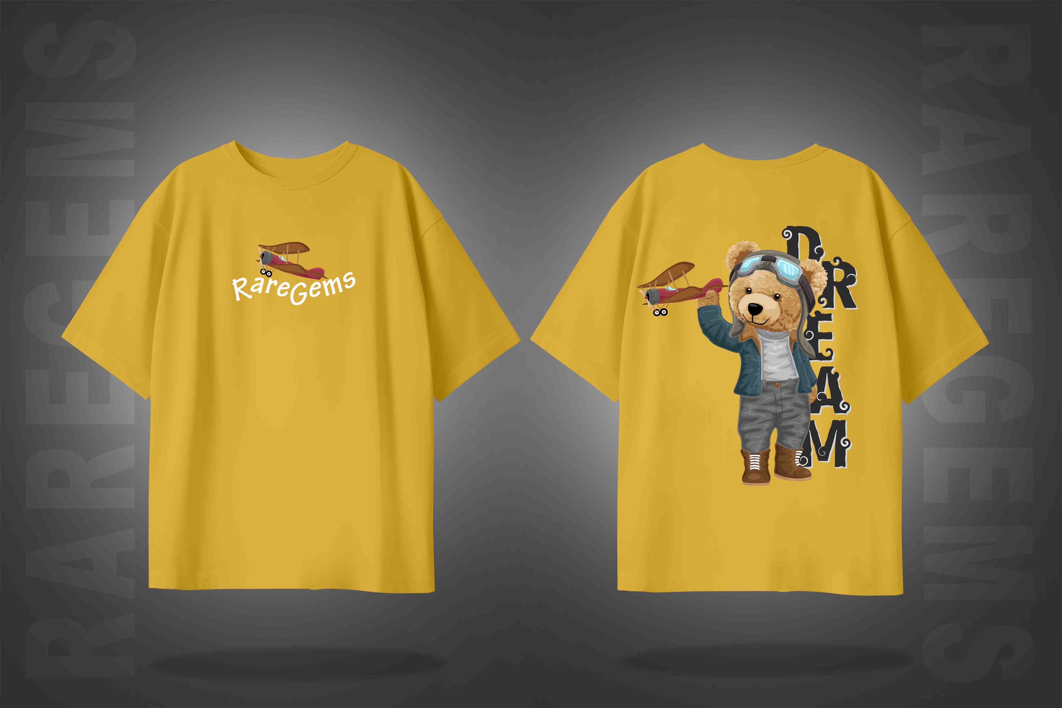 Yellow Half Sleeves Round Neck Teddy With Plane Printed Oversized T-Shirt
