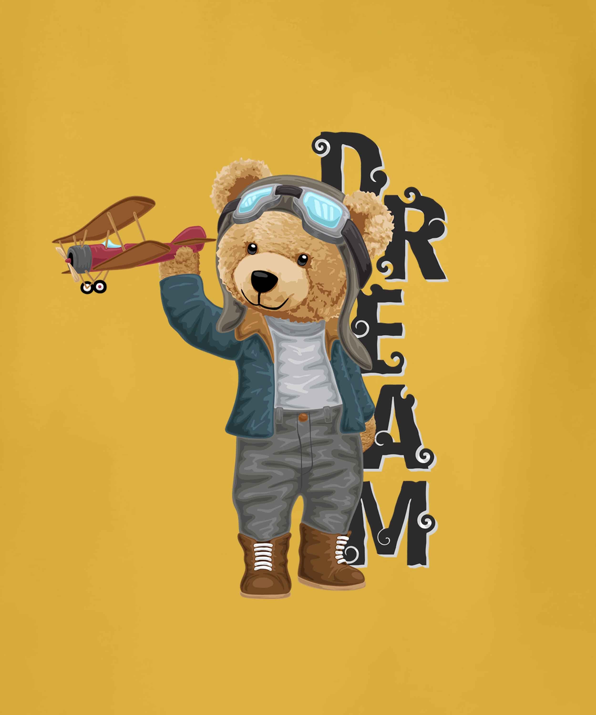 Yellow Half Sleeve Round Neck Teddy With Plane Printed Regular T-Shirt
