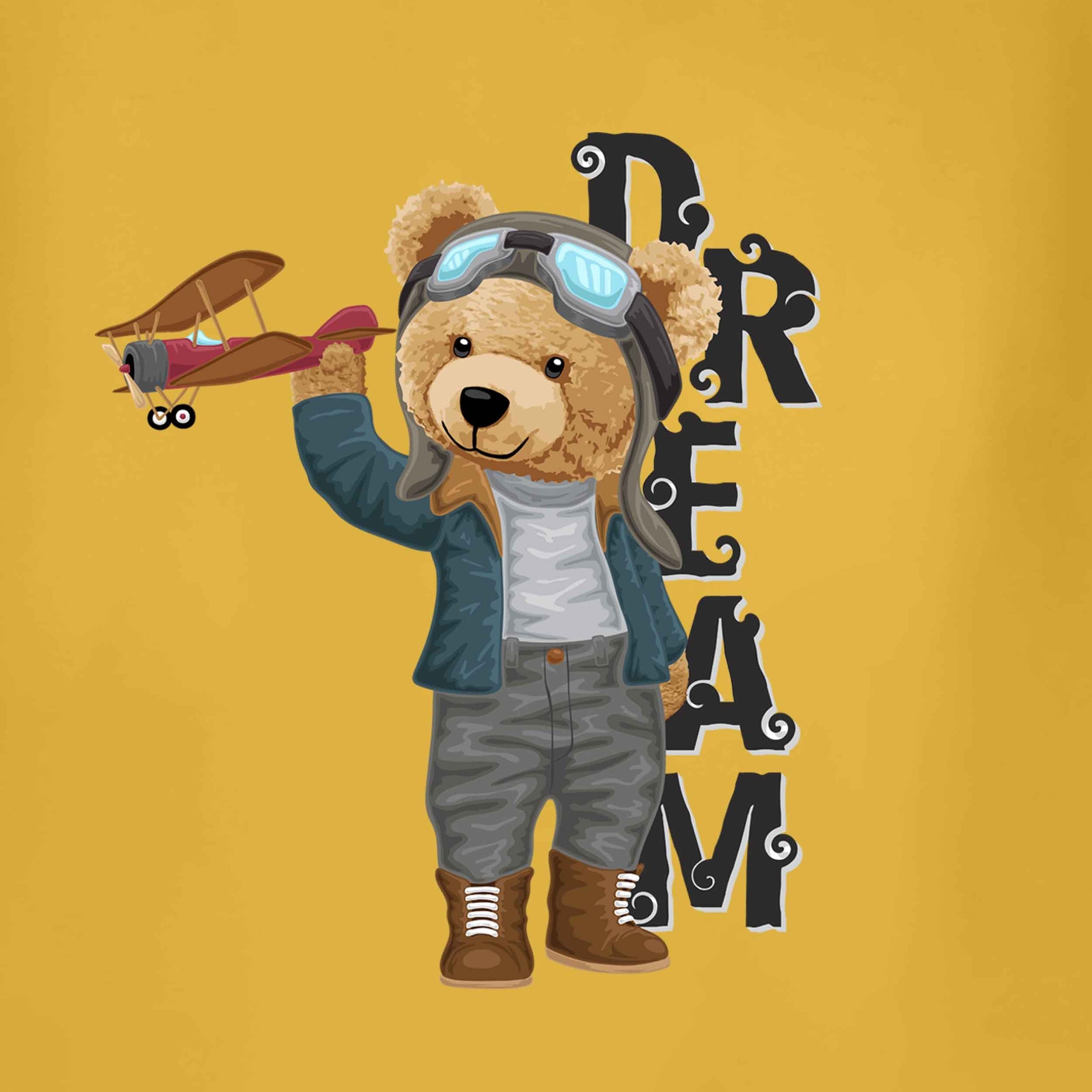 Yellow Round Neck Teddy With Plane Printed Full Sleeves T-Shirt