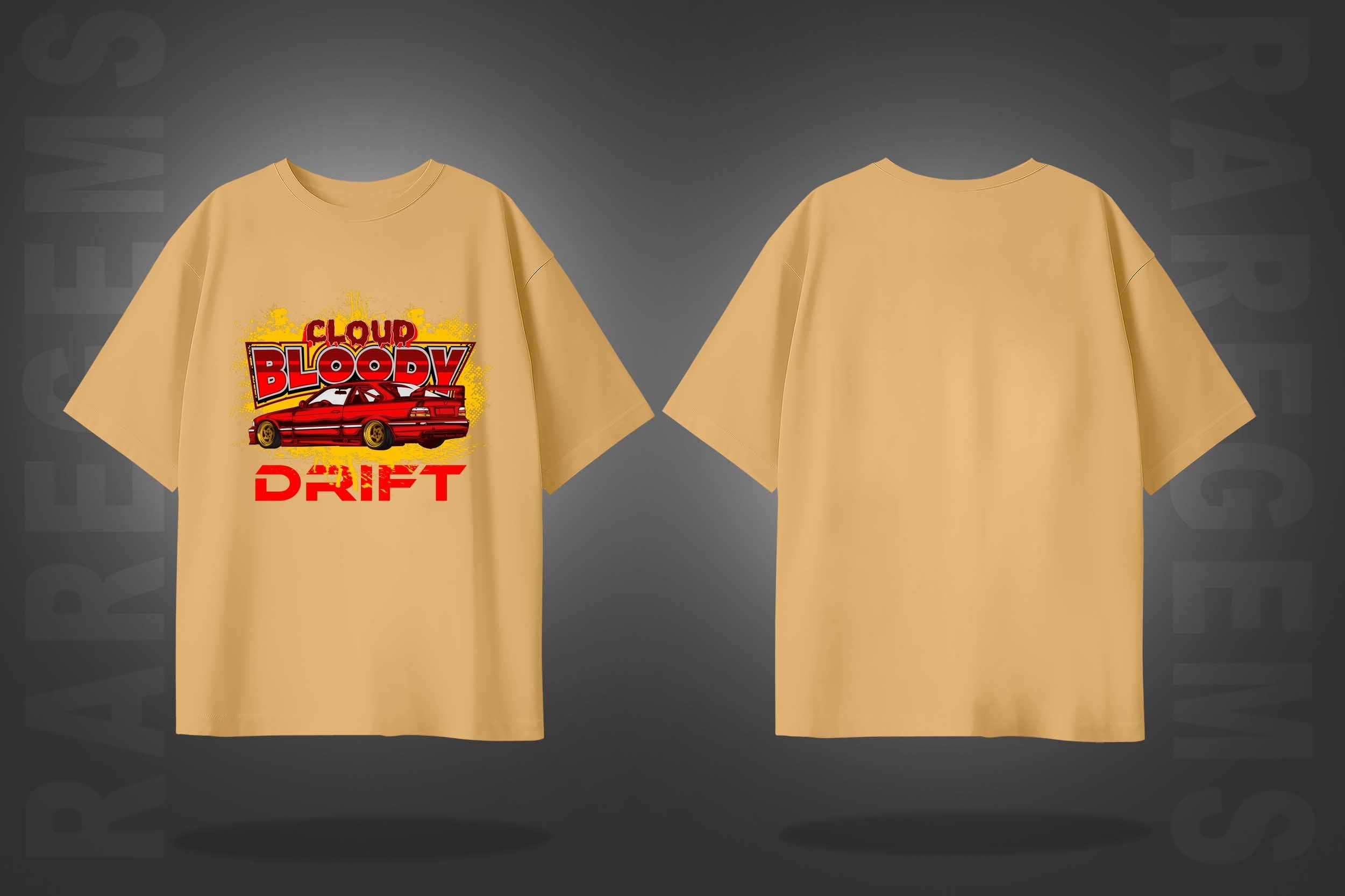 Beige Half Sleeves Round Neck Cloud Bloody Drift Printed Oversized T-Shirt