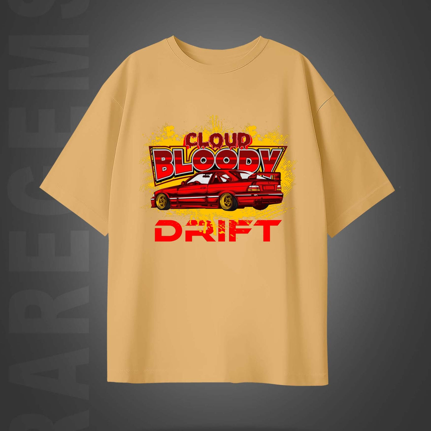 Beige Half Sleeves Round Neck Cloud Bloody Drift Printed Oversized T-Shirt