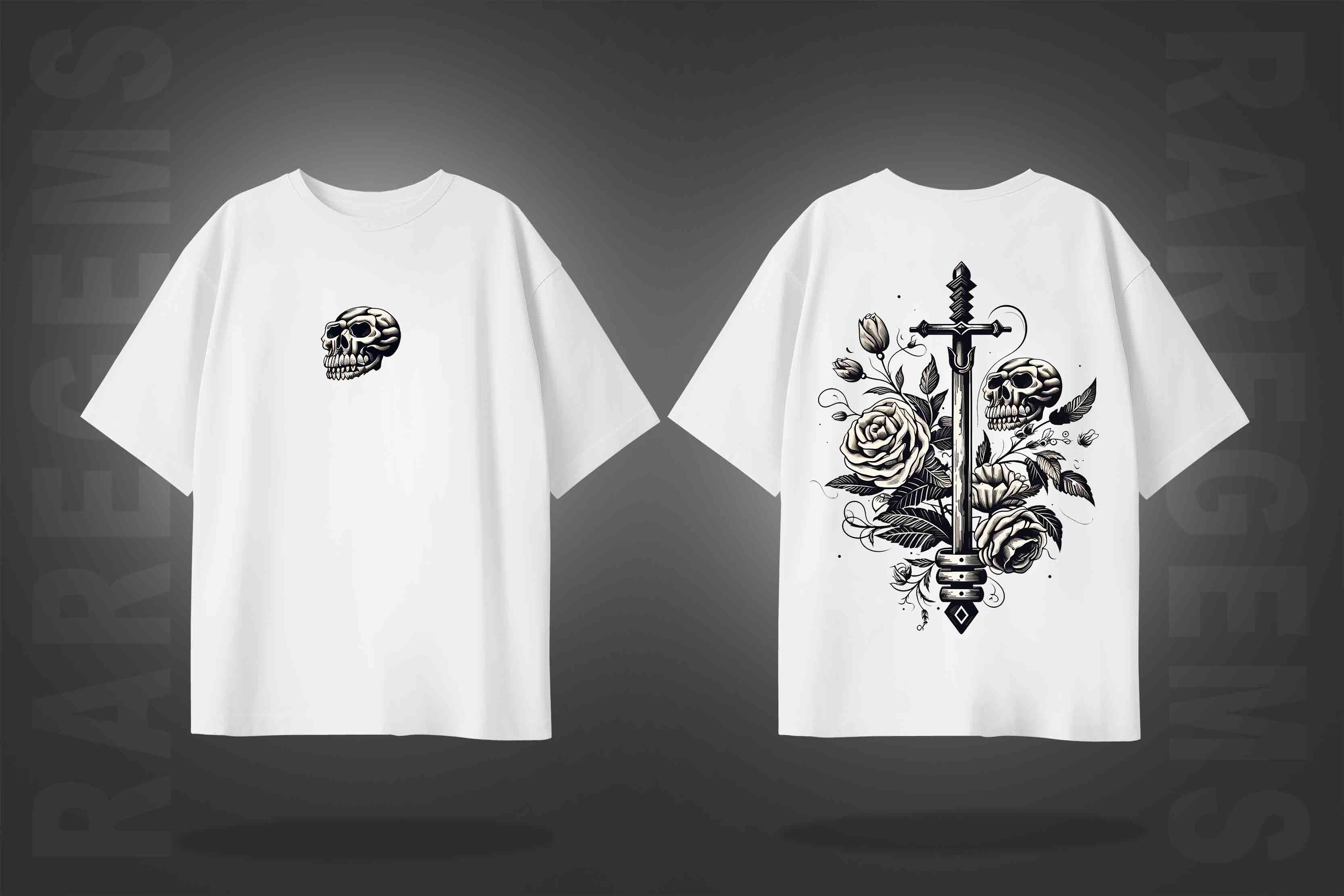 White Half Sleeve Skull And Roses Around The Sword Printed Oversized T-Shirt