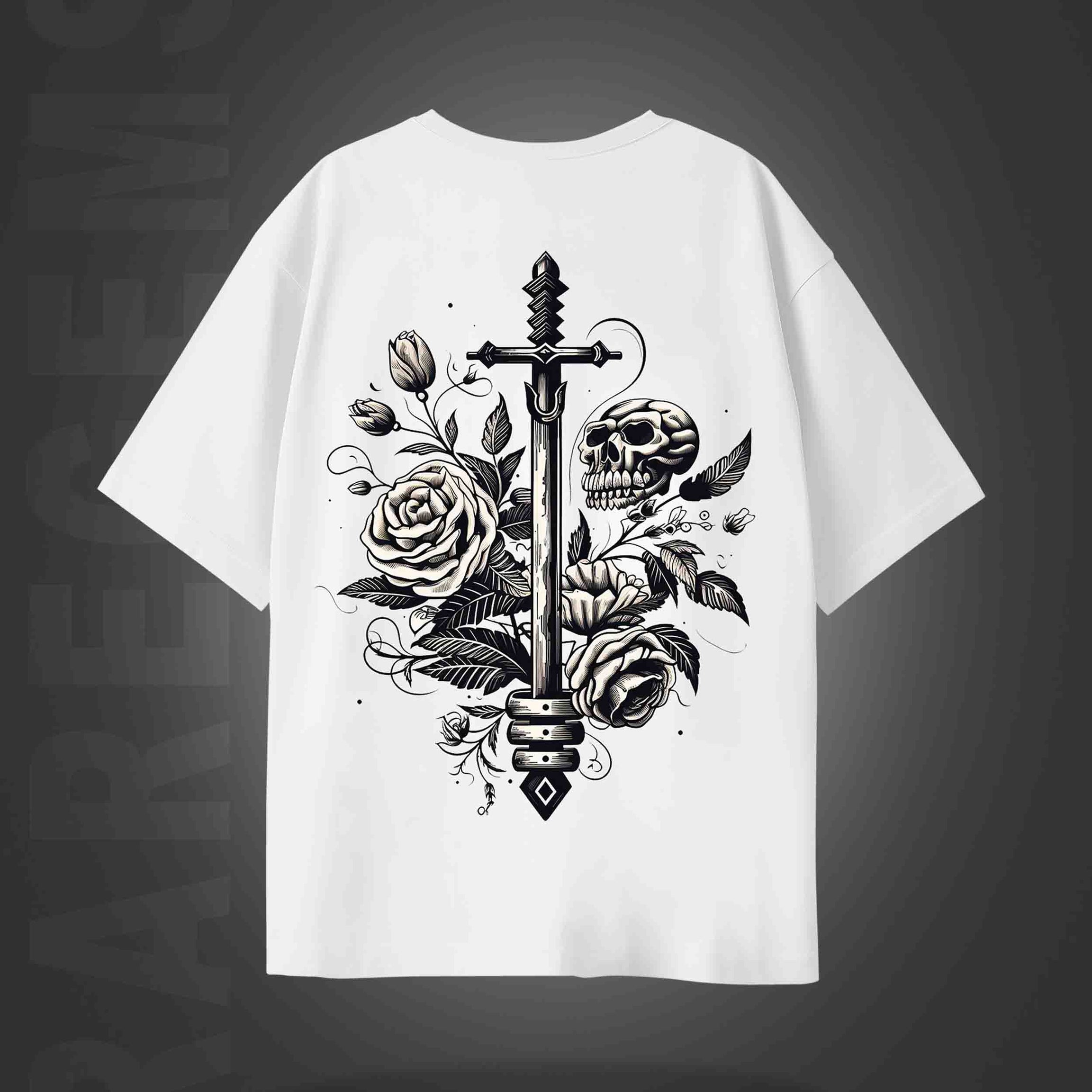 White Half Sleeve Skull And Roses Around The Sword Printed Oversized T-Shirt